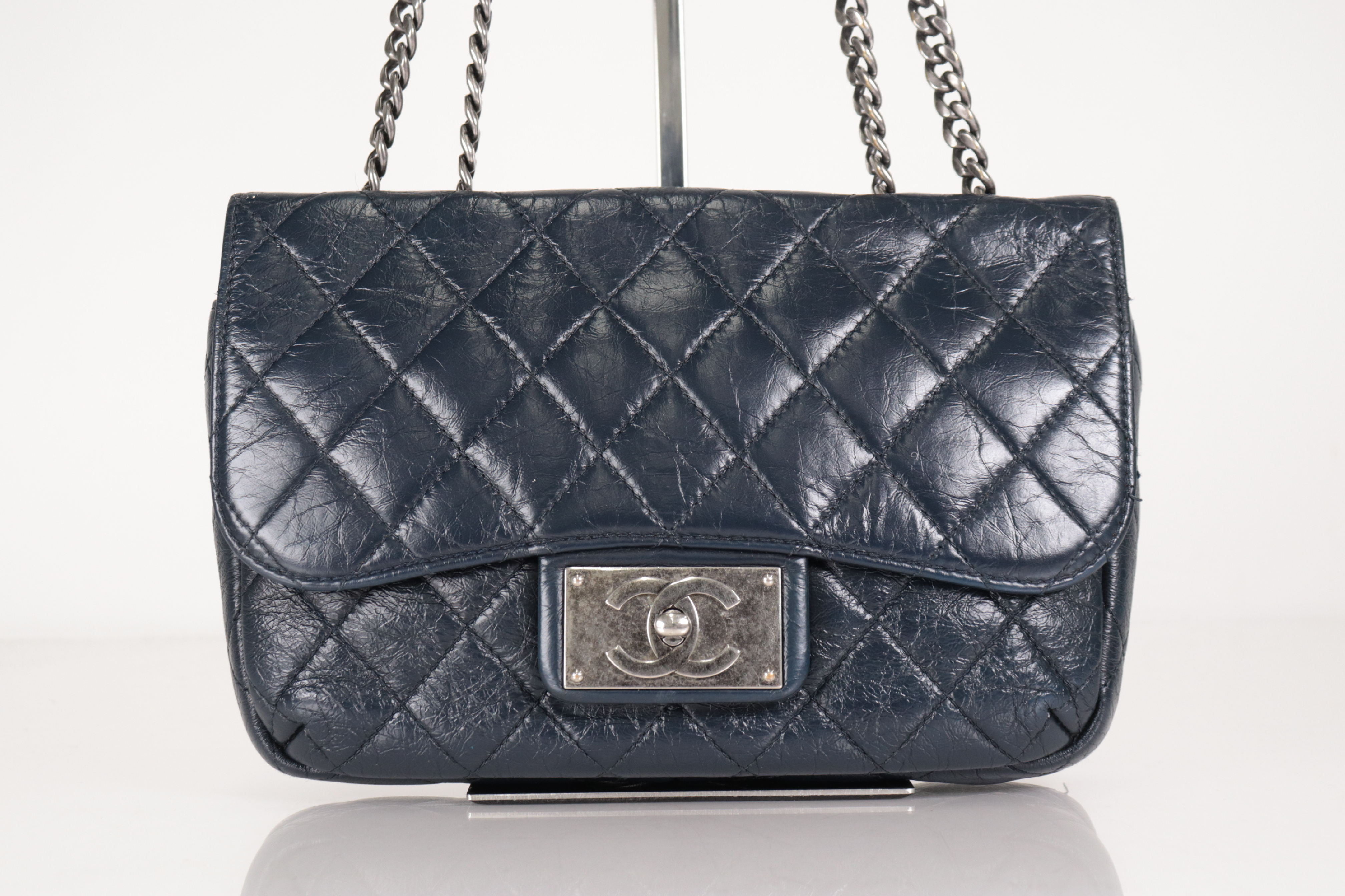 Leather Chain Shoulder Bag, Navy, Silver Hardware, Serial Number 14 — view 2