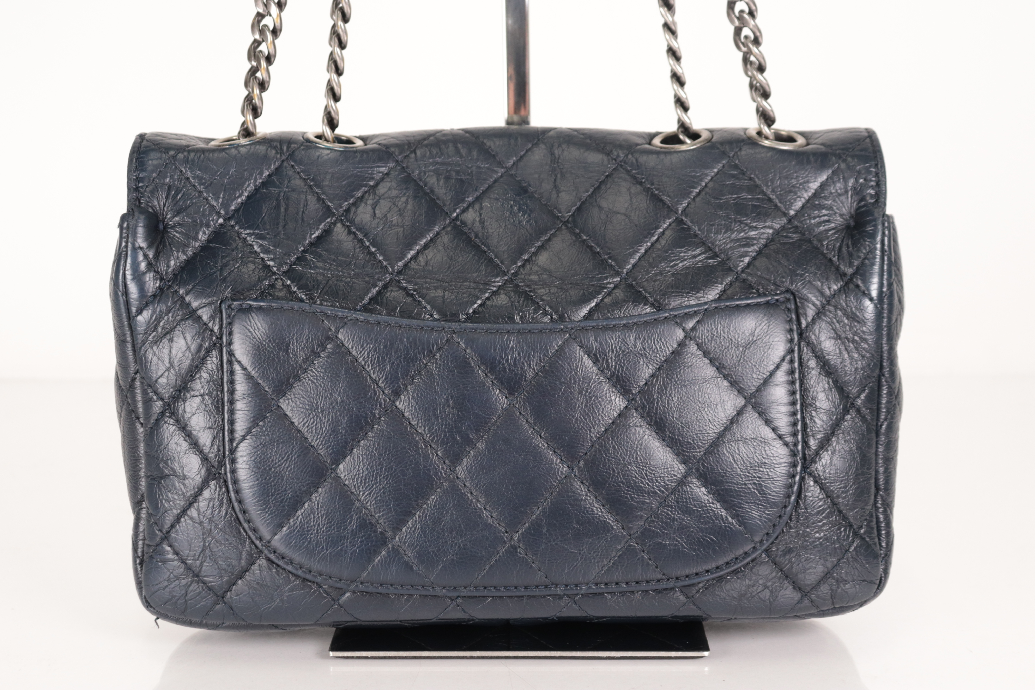 Leather Chain Shoulder Bag, Navy, Silver Hardware, Serial Number 14 — view 3