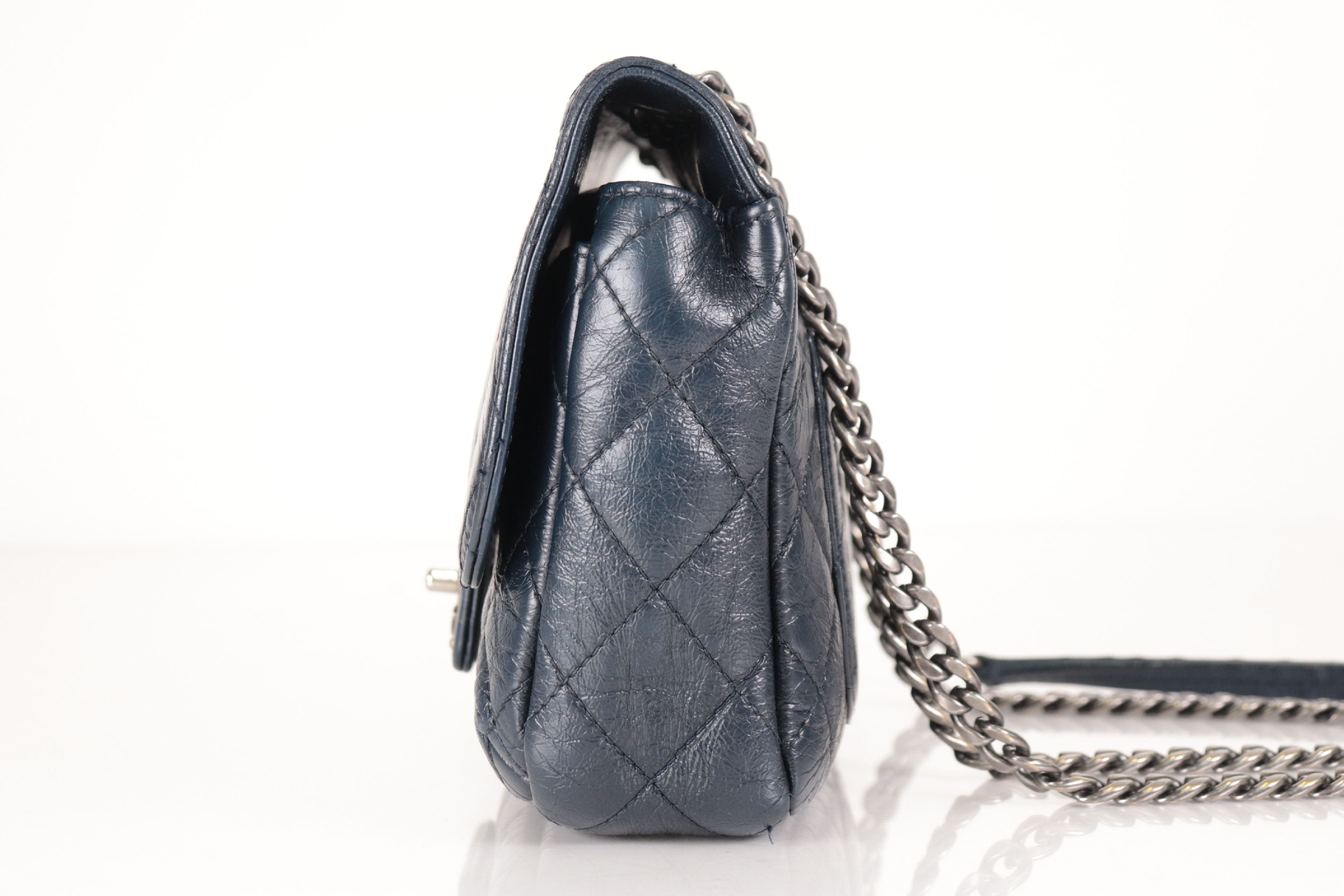 Leather Chain Shoulder Bag, Navy, Silver Hardware, Serial Number 14 — view 4