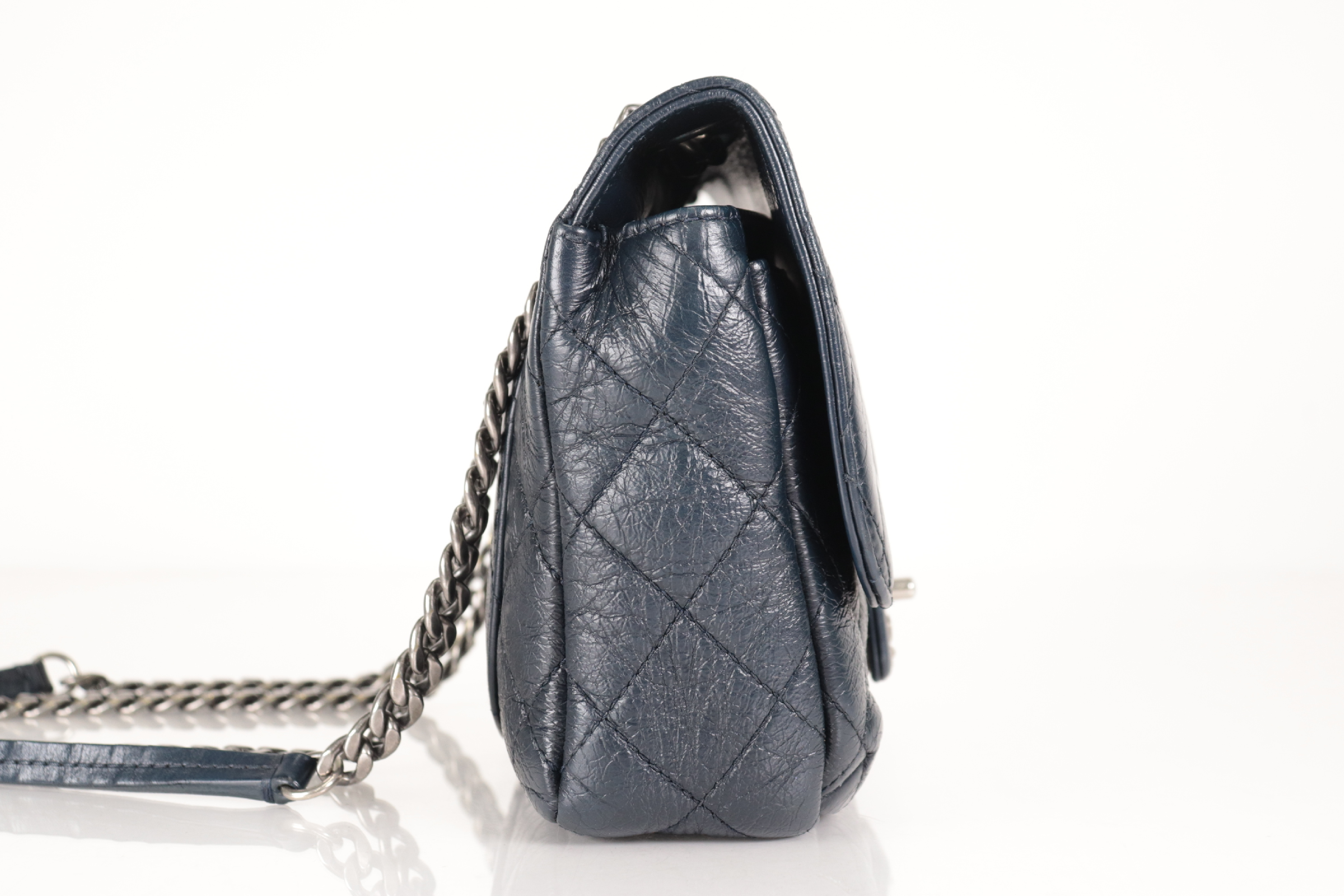 Leather Chain Shoulder Bag, Navy, Silver Hardware, Serial Number 14 — view 5