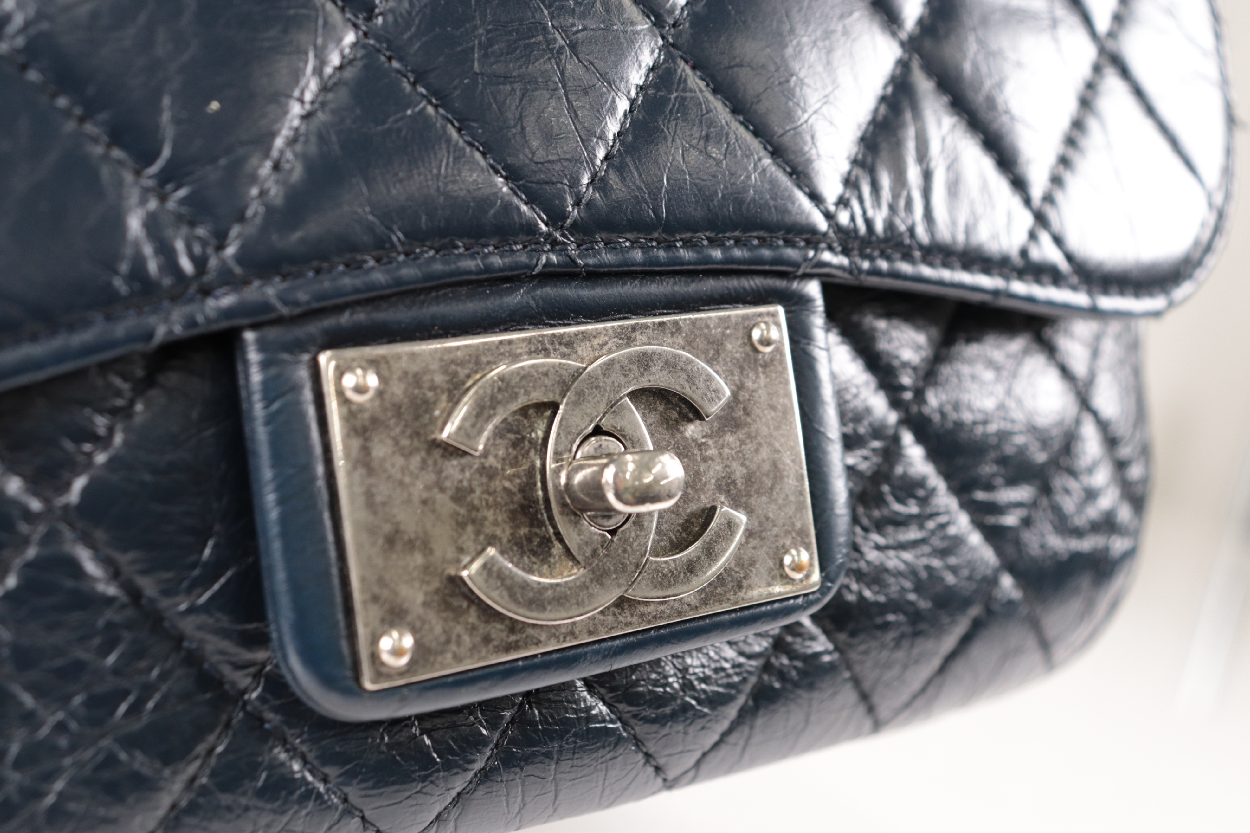 Leather Chain Shoulder Bag, Navy, Silver Hardware, Serial Number 14 — view 8