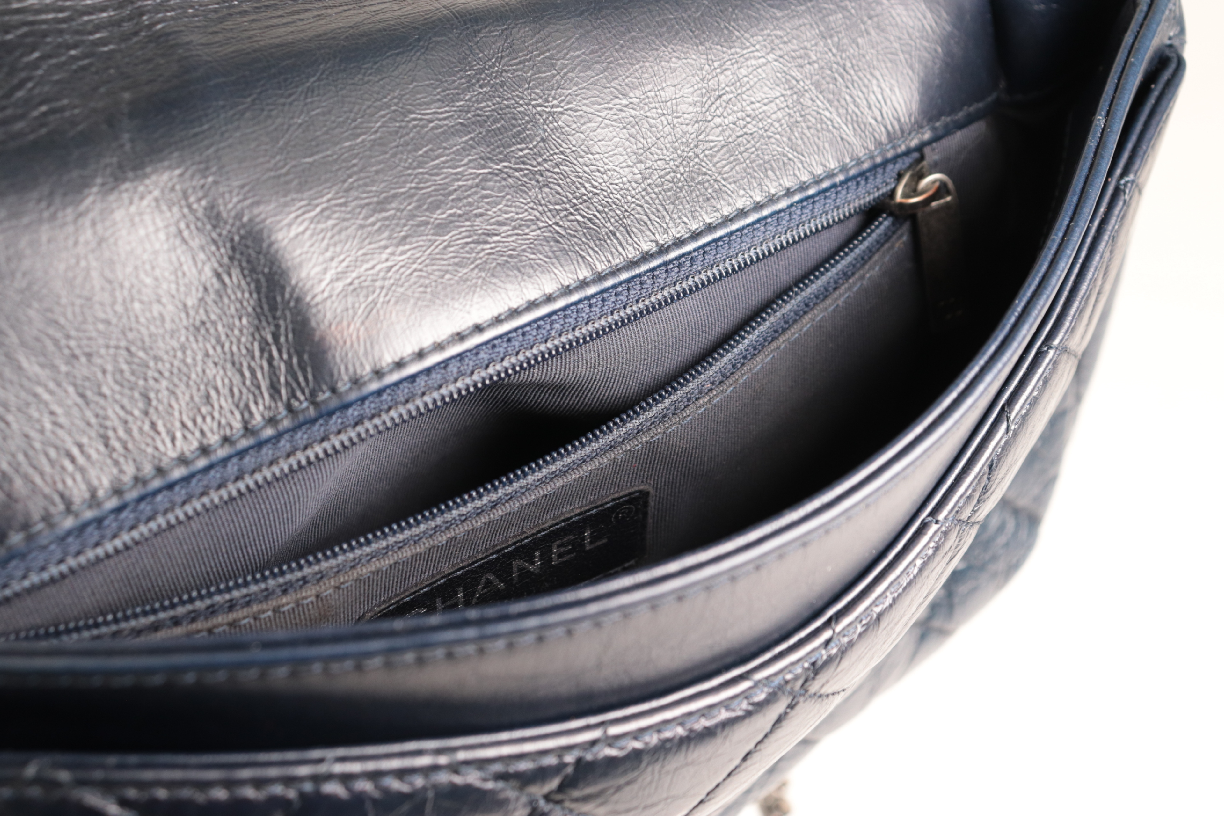 Leather Chain Shoulder Bag, Navy, Silver Hardware, Serial Number 14 — view 9