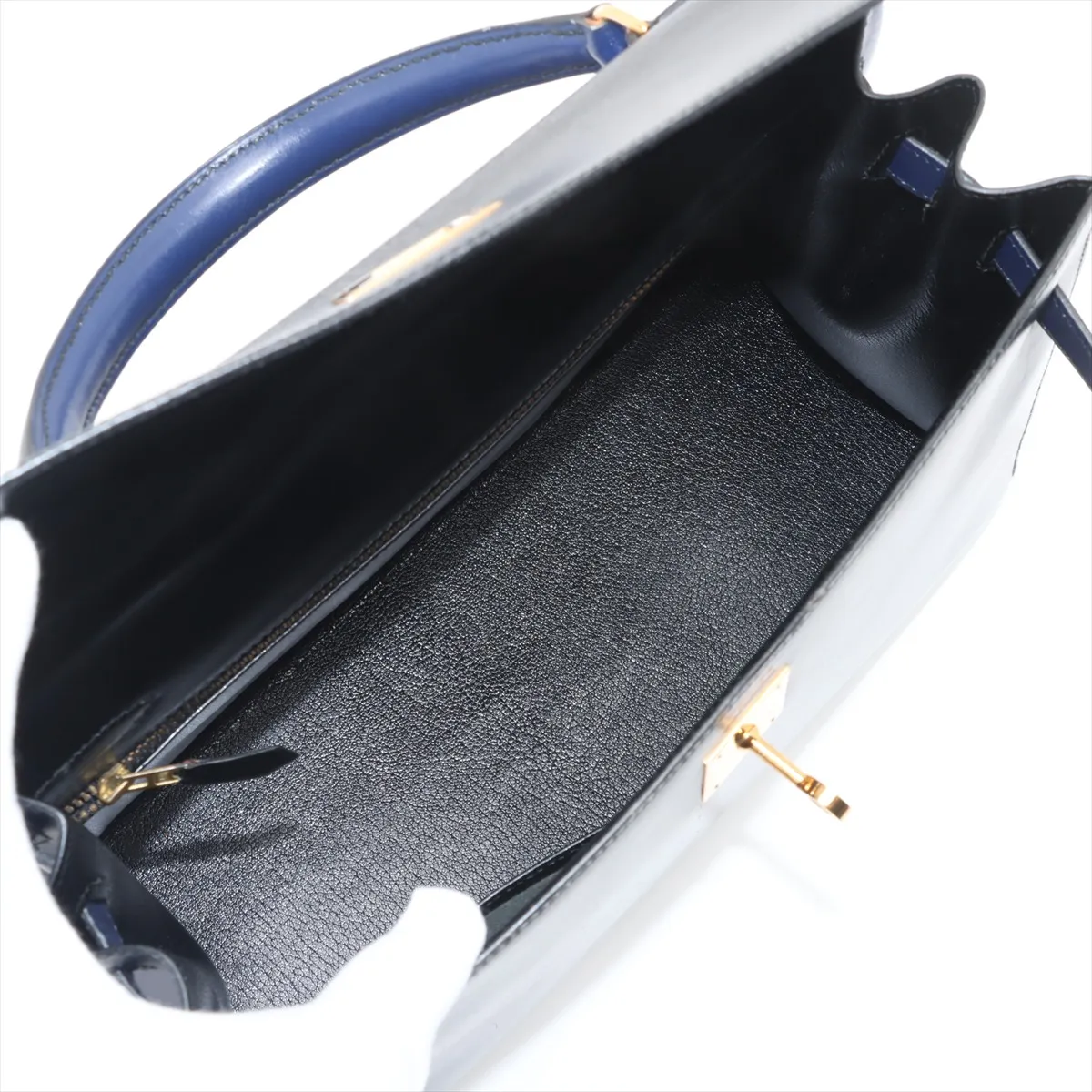 [Individually wrapped] Hermes Kelly 32 Serie Box Calf Black x Blue Saphir Gold Hardware U:1991 — view 8