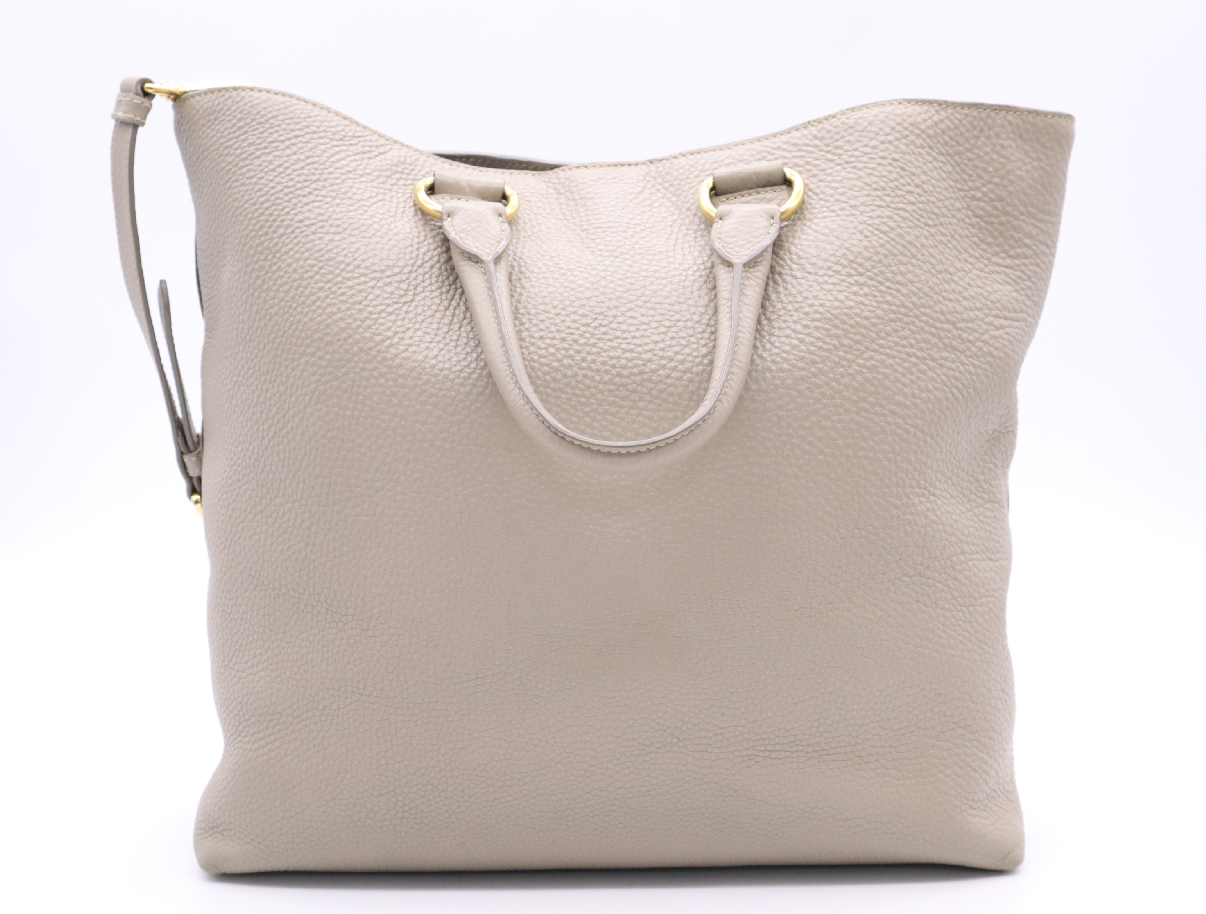 Leather 2-Way Handbag with Shoulder Strap and Name Tag, Gray with Gold Hardware — view 2
