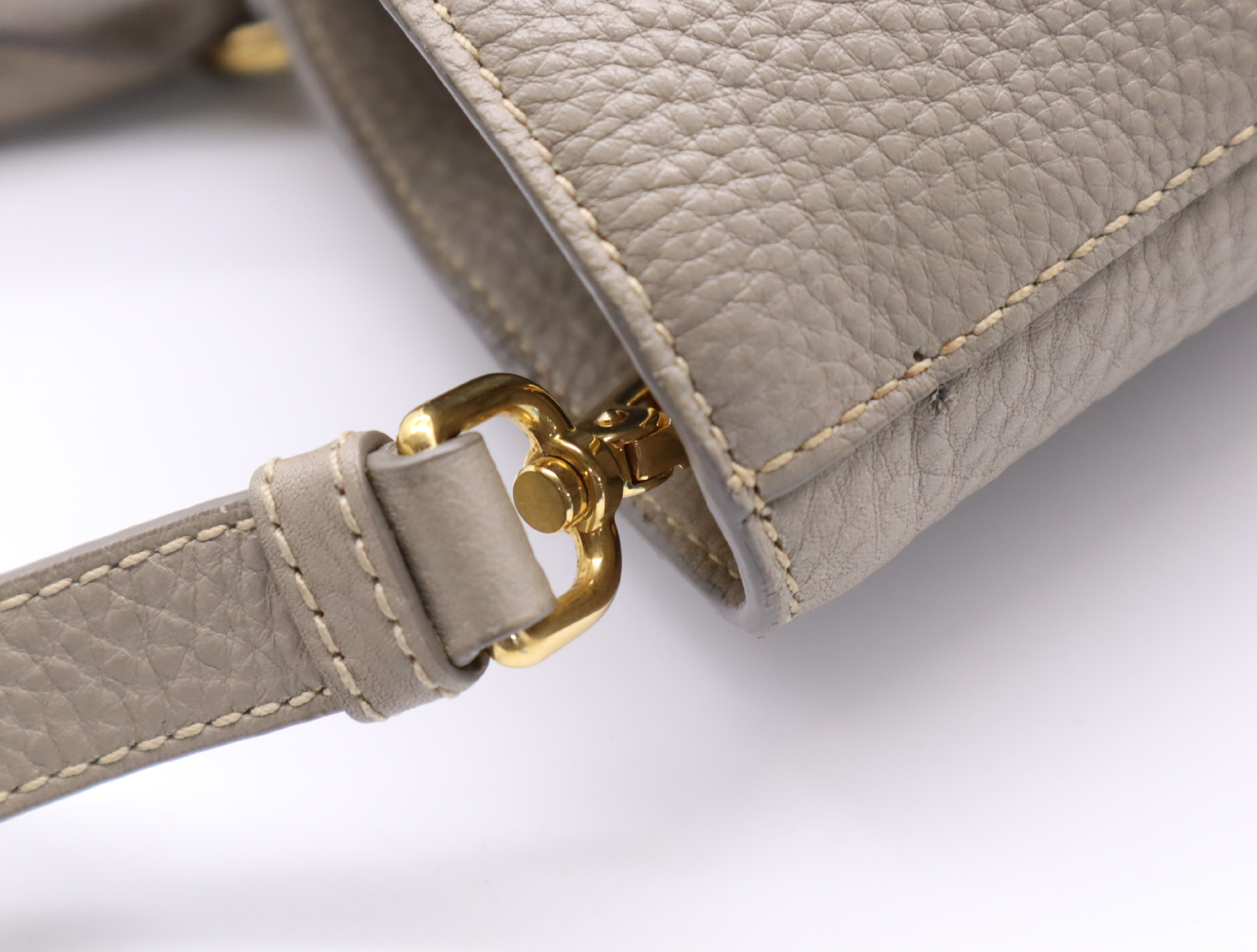 Leather 2-Way Handbag with Shoulder Strap and Name Tag, Gray with Gold Hardware — view 11