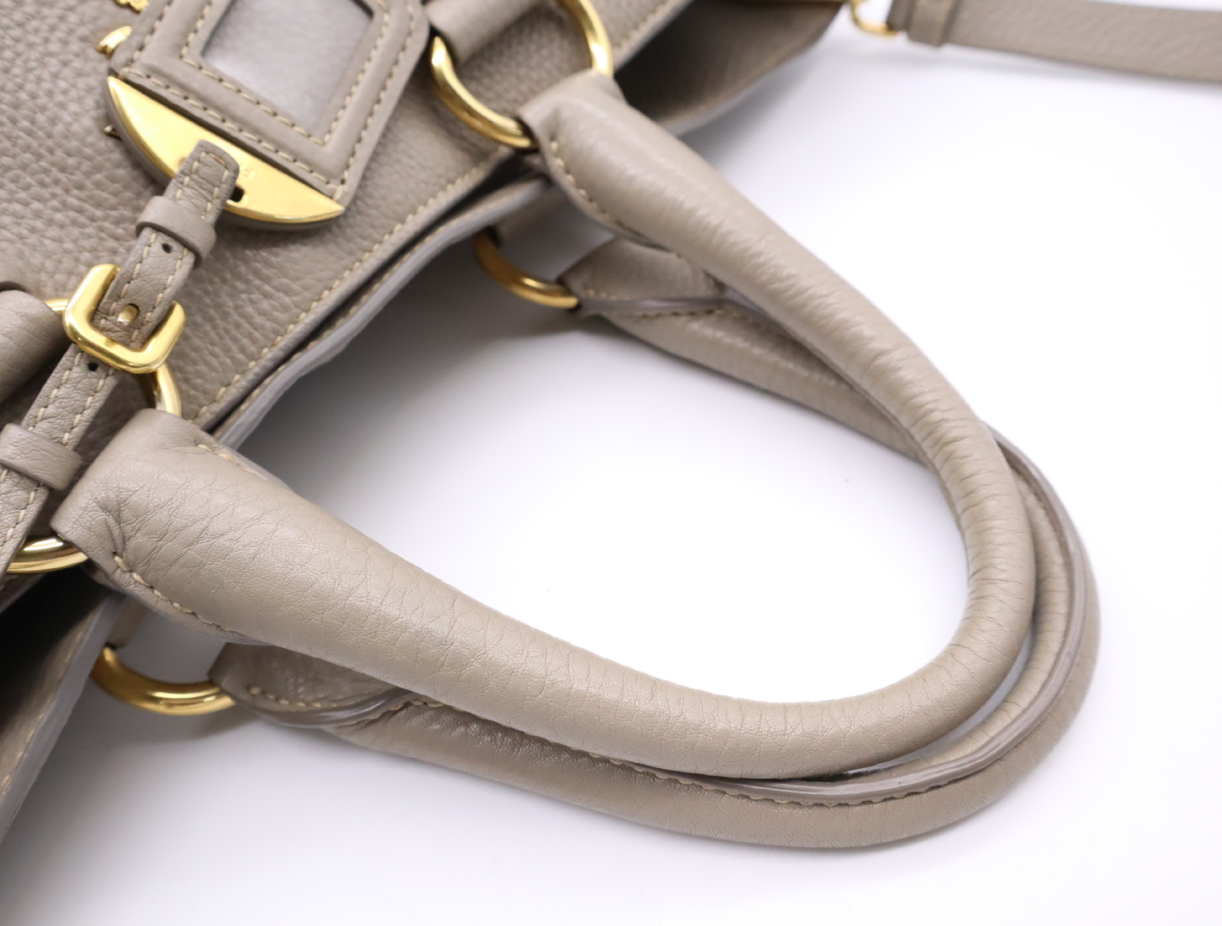 Leather 2-Way Handbag with Shoulder Strap and Name Tag, Gray with Gold Hardware — view 13