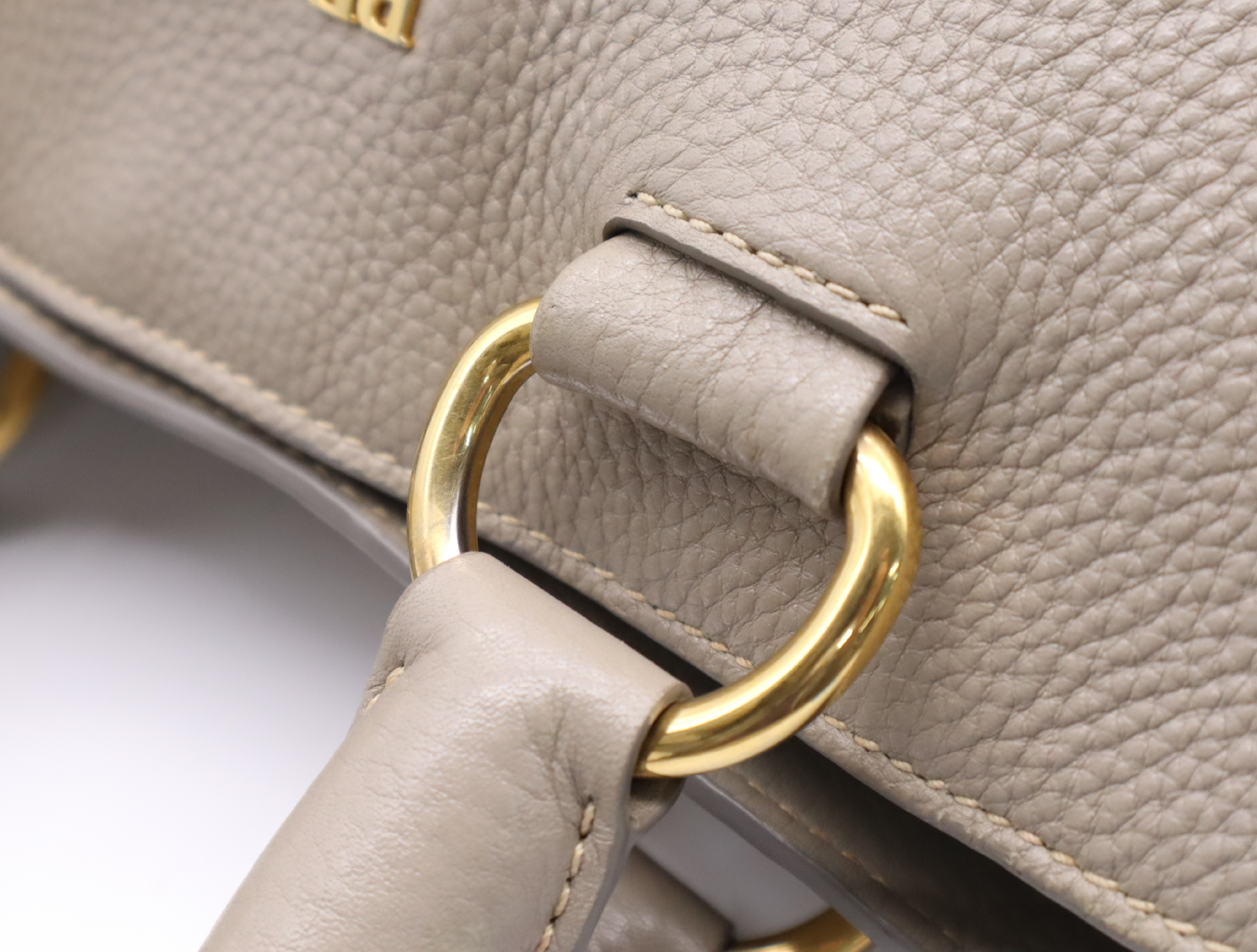 Leather 2-Way Handbag with Shoulder Strap and Name Tag, Gray with Gold Hardware — view 10