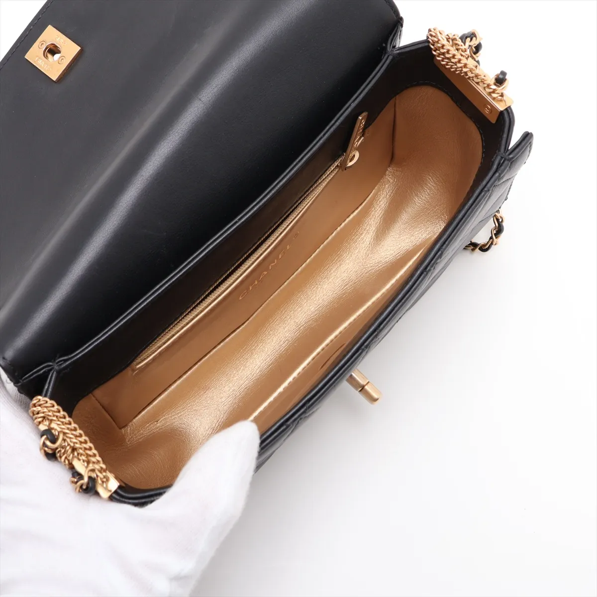 Matelassé Lambskin Chain Shoulder Bag, Black with Gold Hardware, 30485097 (Serial Number in the 30s) — view 6