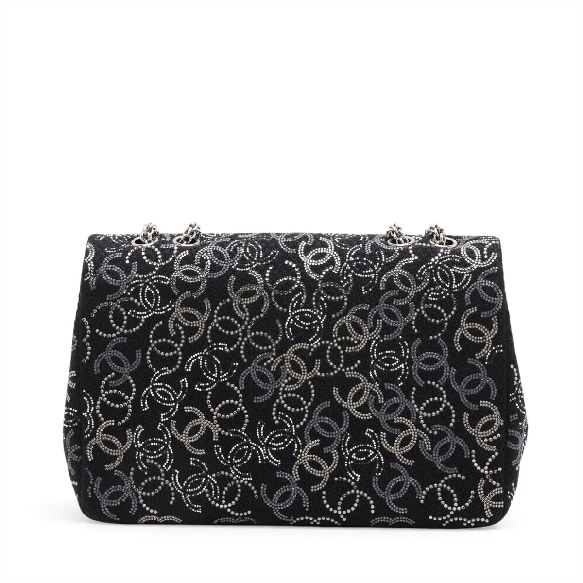 Coco Mark Fabric x Rhinestone Double Flap Double Chain Bag, Paris Shanghai, Black, Silver Hardware, 13871526, Serial Number , AS0445 — view 2