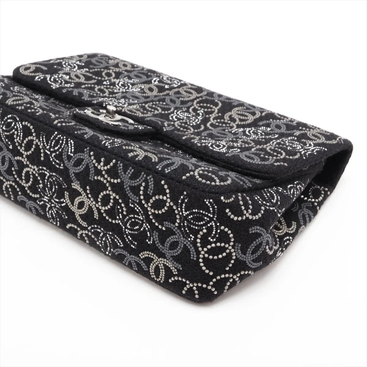 Coco Mark Fabric x Rhinestone Double Flap Double Chain Bag, Paris Shanghai, Black, Silver Hardware, 13871526, Serial Number , AS0445 — view 3