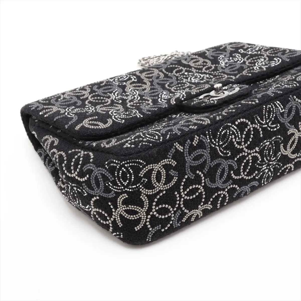 Coco Mark Fabric x Rhinestone Double Flap Double Chain Bag, Paris Shanghai, Black, Silver Hardware, 13871526, Serial Number , AS0445 — view 4