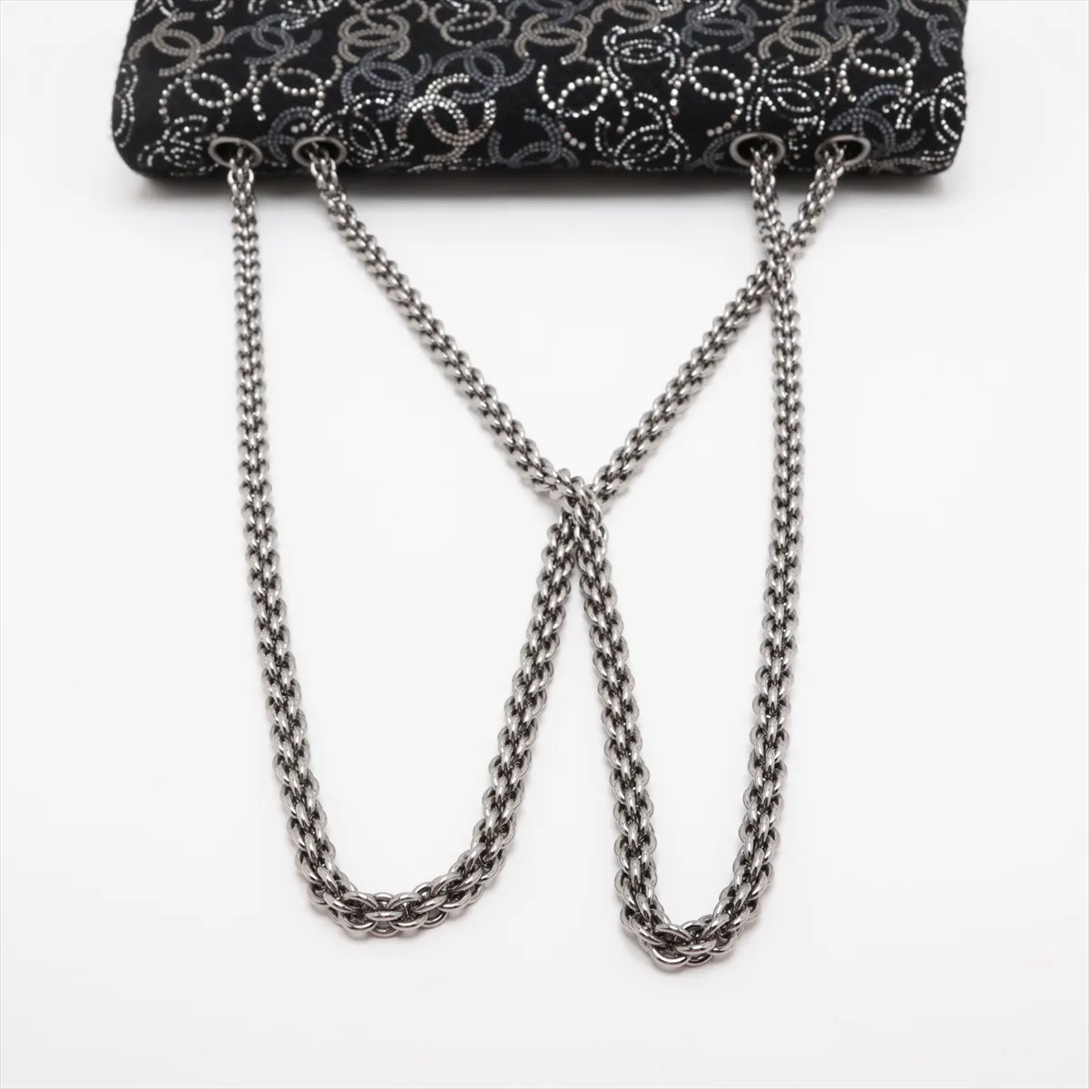 Coco Mark Fabric x Rhinestone Double Flap Double Chain Bag, Paris Shanghai, Black, Silver Hardware, 13871526, Serial Number , AS0445 — view 5