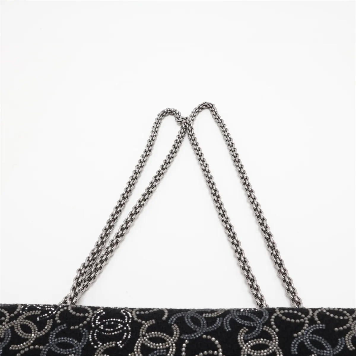 Coco Mark Fabric x Rhinestone Double Flap Double Chain Bag, Paris Shanghai, Black, Silver Hardware, 13871526, Serial Number , AS0445 — view 6