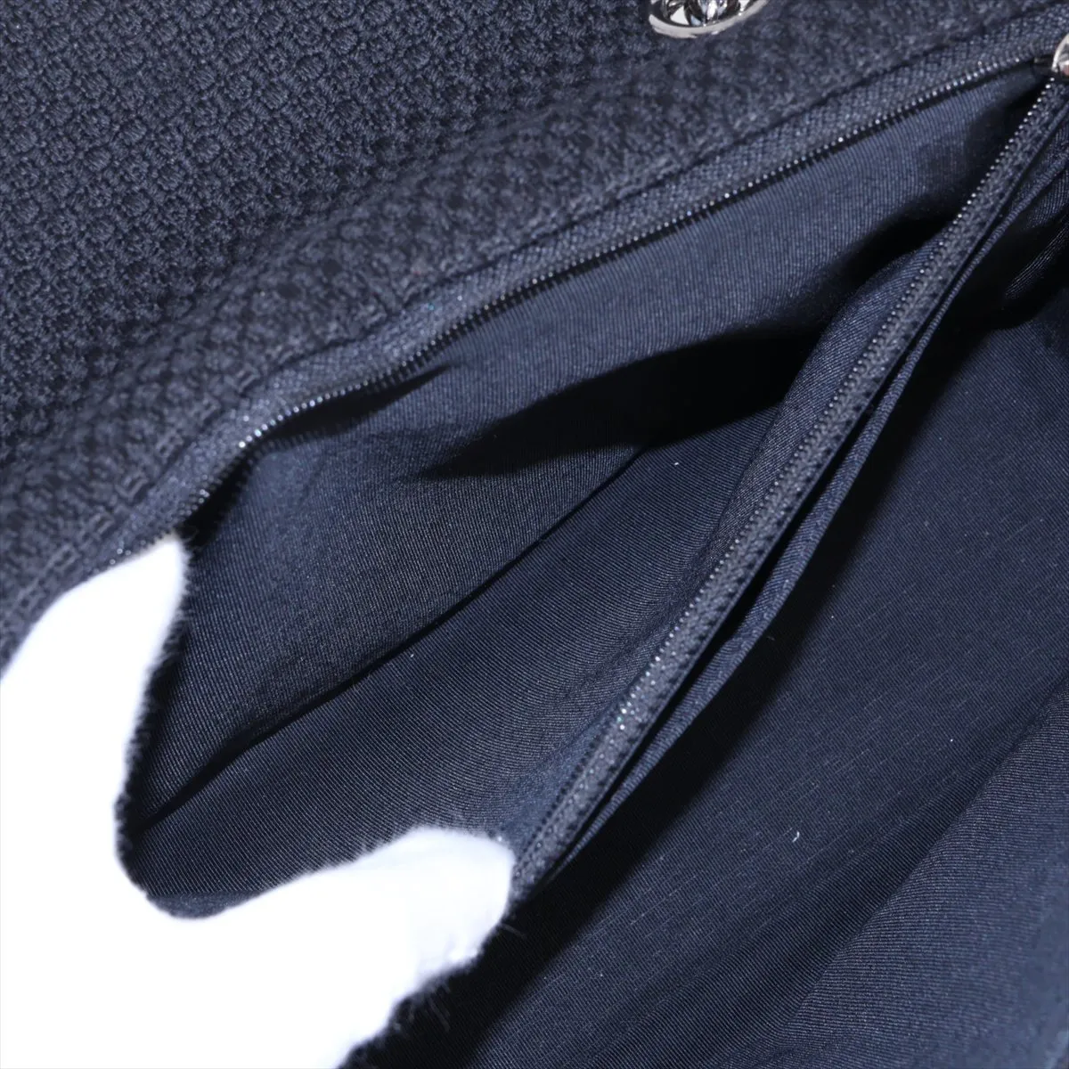 Coco Mark Fabric x Rhinestone Double Flap Double Chain Bag, Paris Shanghai, Black, Silver Hardware, 13871526, Serial Number , AS0445 — view 8