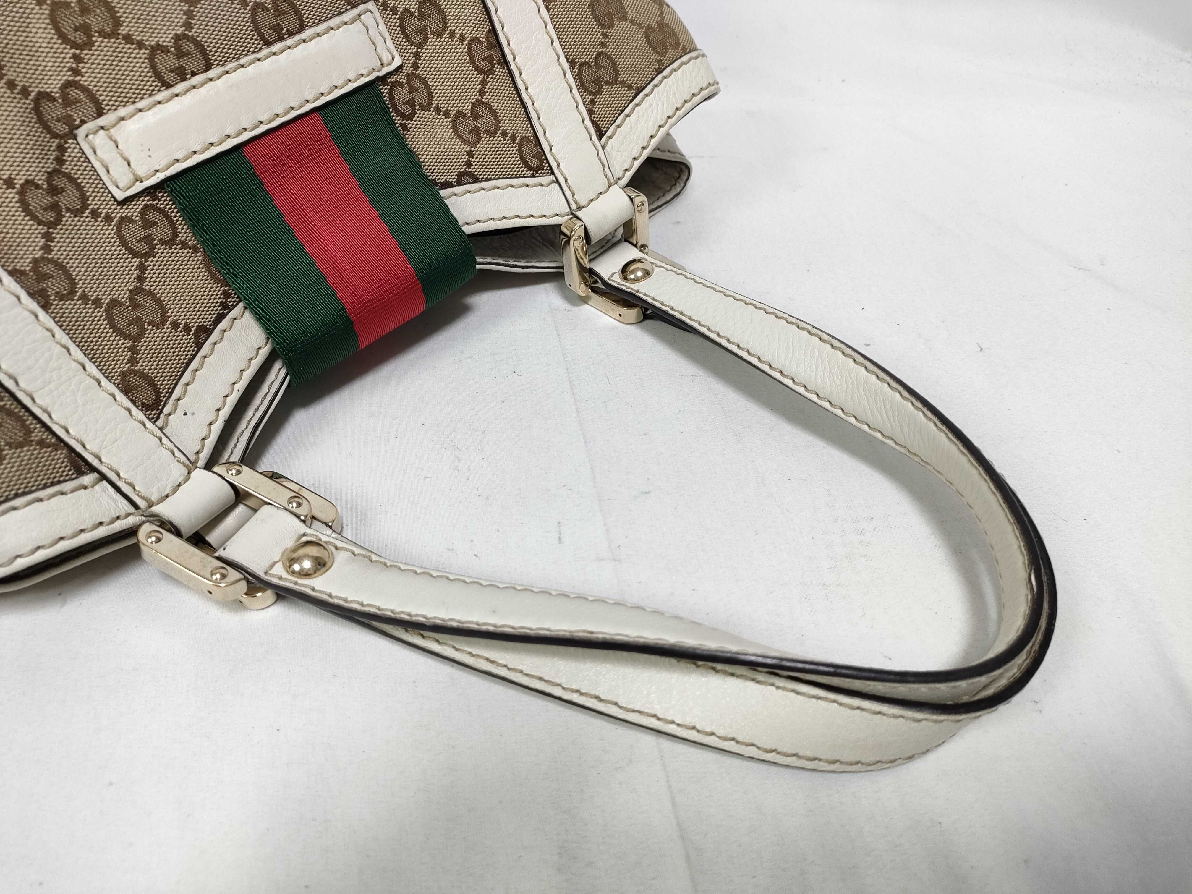 White Canvas Vintage Red-Green Web Stripe Buckle Pumpkin Shoulder Bag (Handbag) — view 8