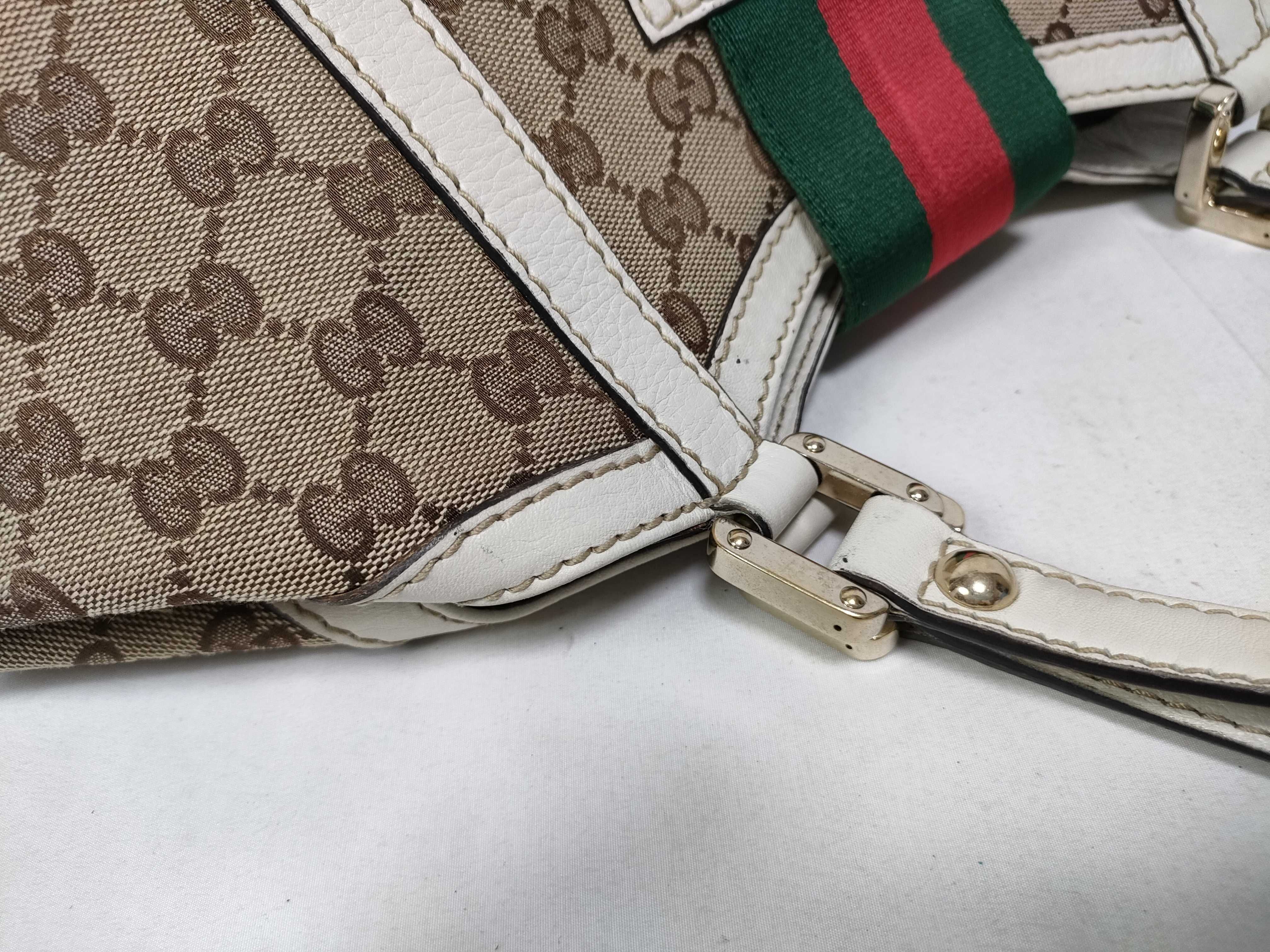 White Canvas Vintage Red-Green Web Stripe Buckle Pumpkin Shoulder Bag (Handbag) — view 9