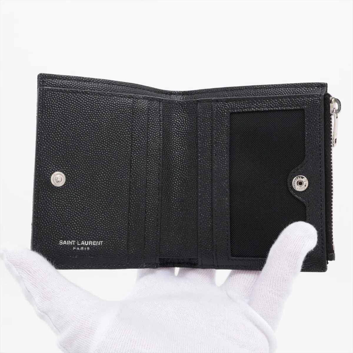V-stitch YSL logo BND575879 Leather Compact Wallet Black — view 3