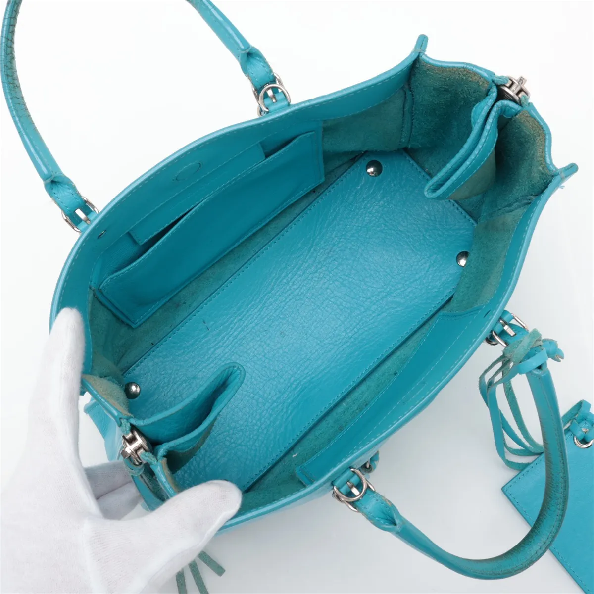 370926 Leather 2-Way Handbag, Blue, Mirror Strap Broken, with Mirror — view 8