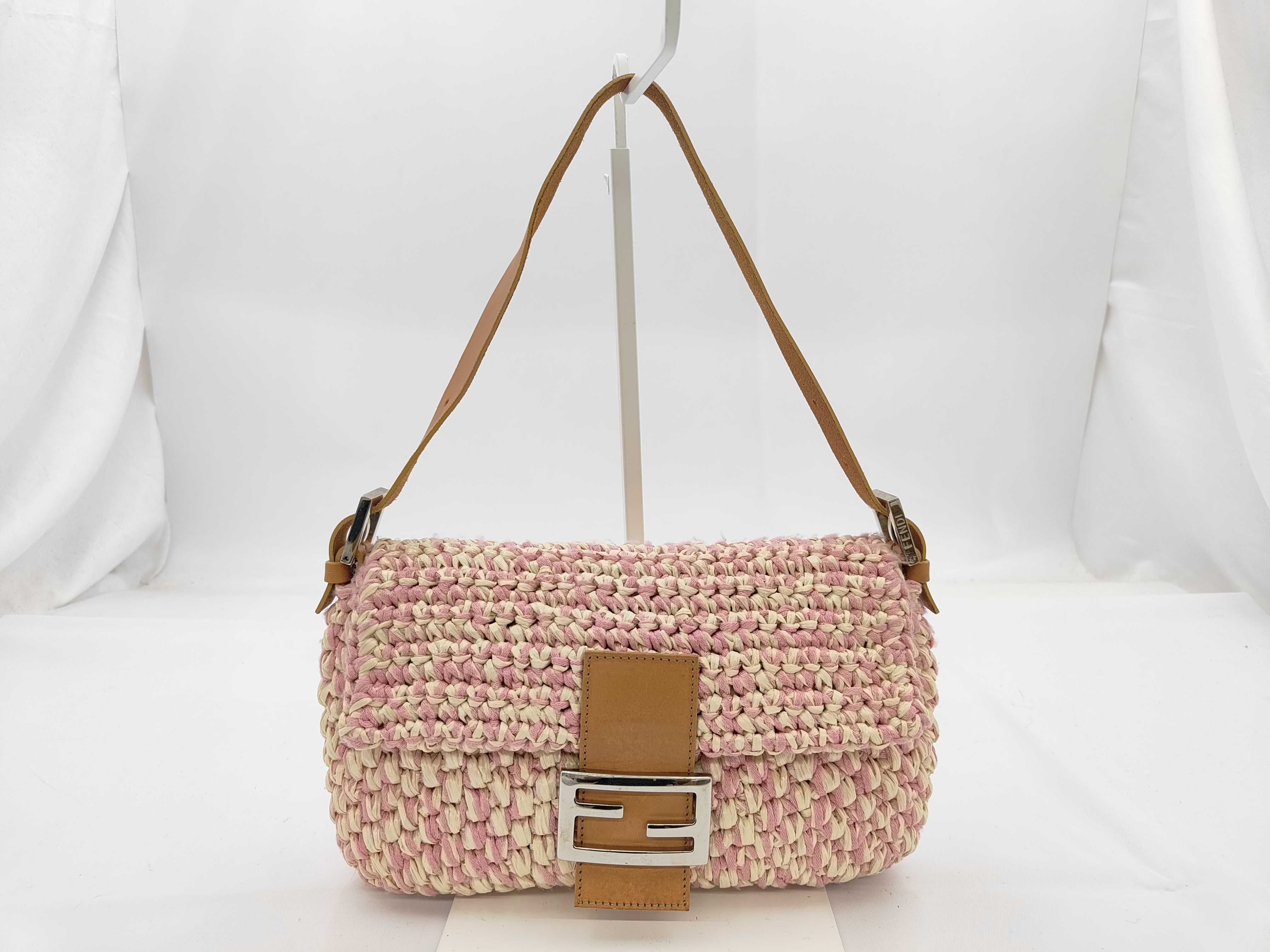 Mamma Bucket Shoulder Bag, Straw Leather, Pink and White Shoulder Bag