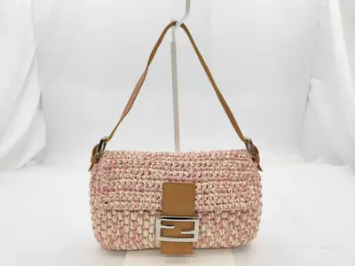 Mamma Bucket Shoulder Bag, Straw Leather, Pink and White Shoulder Bag