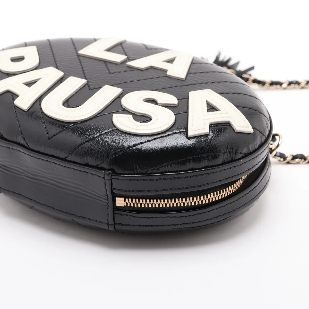 La Pausa Leather Chain Shoulder Bag, Chevron V-stitch Fringe, Black x White, Gold Hardware, 26917825, Serial Number 26 — view 3