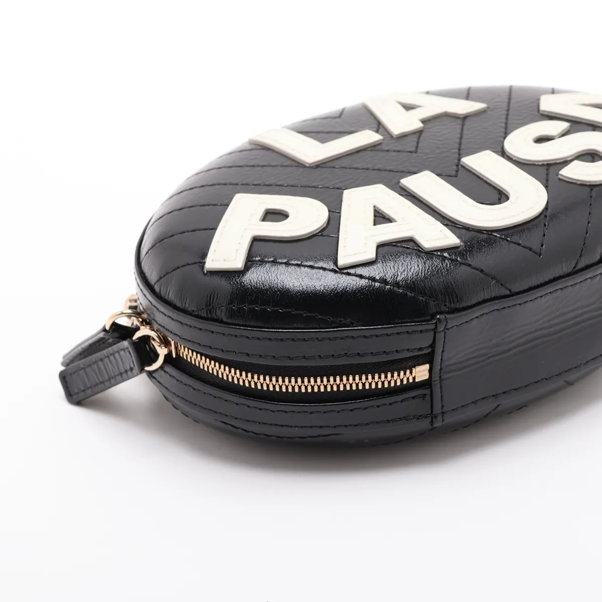 La Pausa Leather Chain Shoulder Bag, Chevron V-stitch Fringe, Black x White, Gold Hardware, 26917825, Serial Number 26 — view 4
