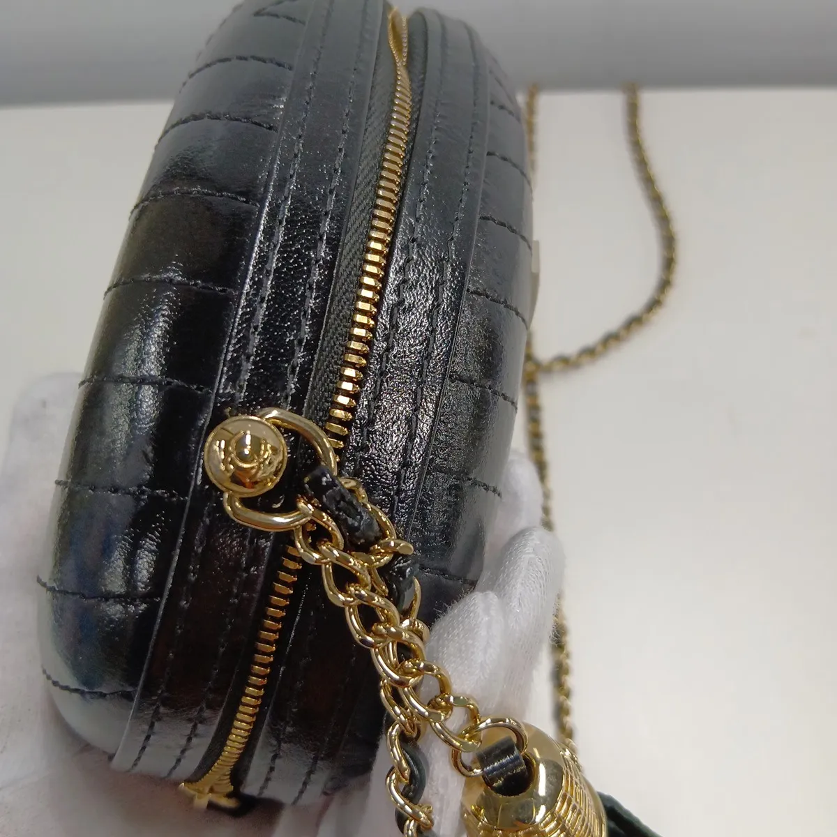 La Pausa Leather Chain Shoulder Bag, Chevron V-stitch Fringe, Black x White, Gold Hardware, 26917825, Serial Number 26 — view 8