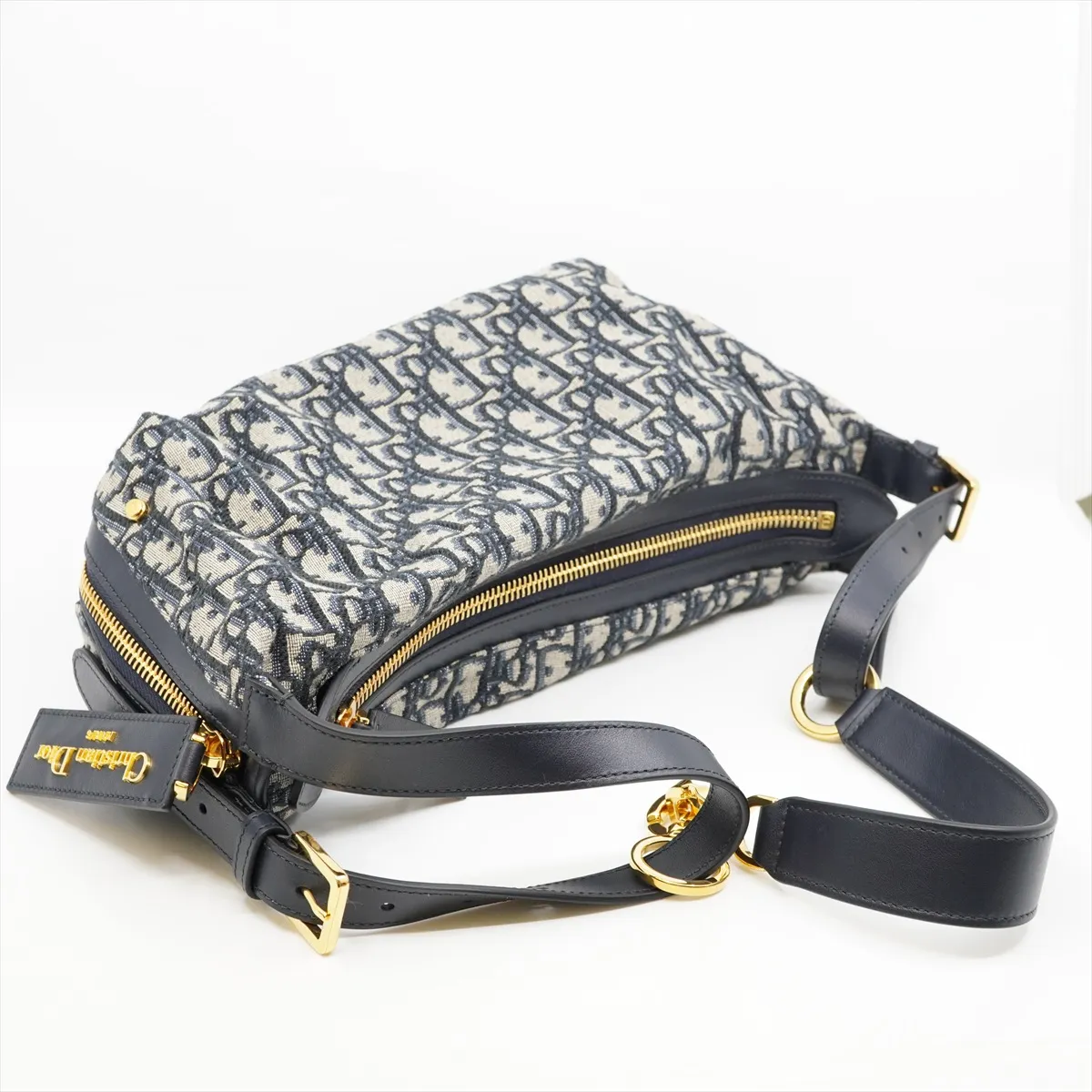 Oblique D-Journey - Canvas and Leather One-Shoulder Bag, Blue with Gold Hardware, Dust Bag Included, Minor Stitching Inside. — view 5