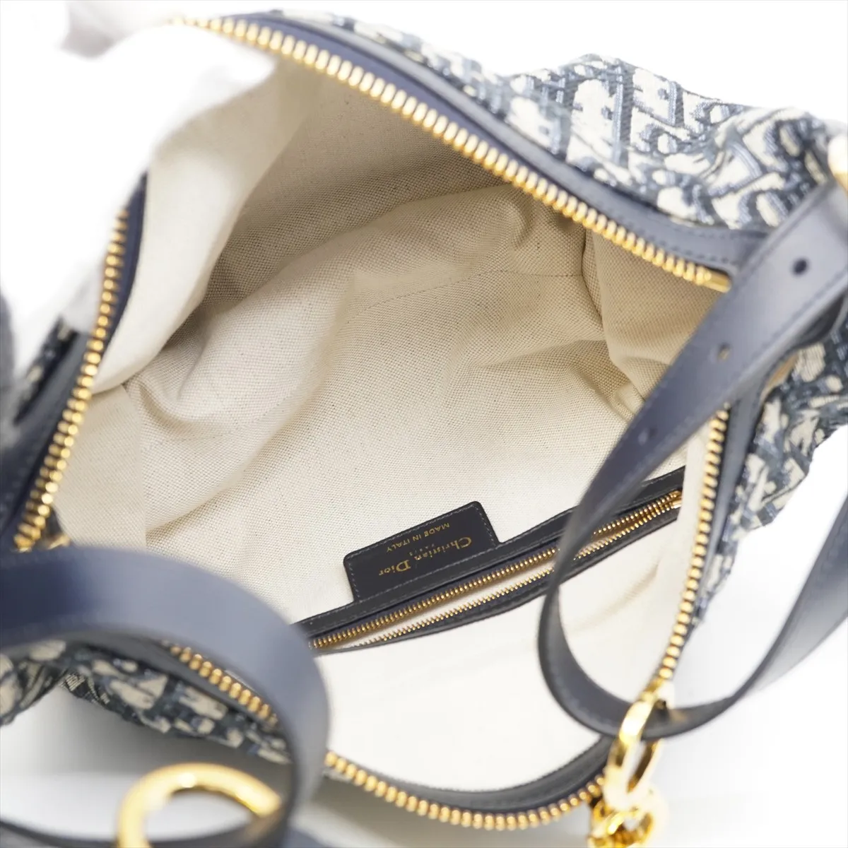 Oblique D-Journey - Canvas and Leather One-Shoulder Bag, Blue with Gold Hardware, Dust Bag Included, Minor Stitching Inside. — view 7