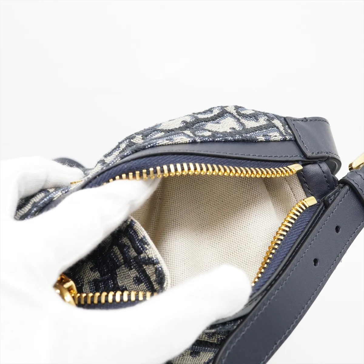 Oblique D-Journey - Canvas and Leather One-Shoulder Bag, Blue with Gold Hardware, Dust Bag Included, Minor Stitching Inside. — view 9