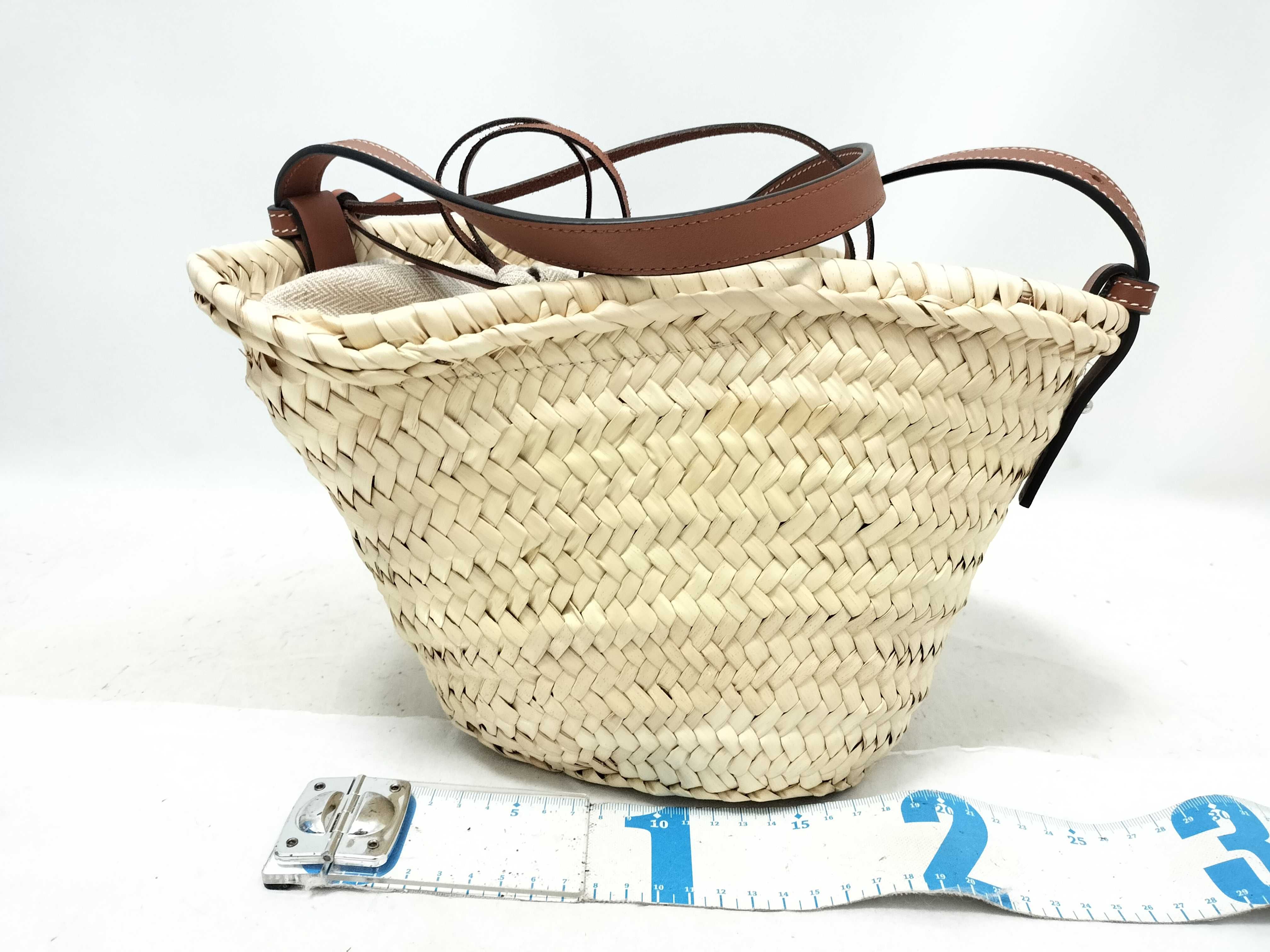 Drawstring Bucket Bag, Raffia x Canvas x Leather, Basket Bag, Beige x Brown, Shoulder Bag — view 2