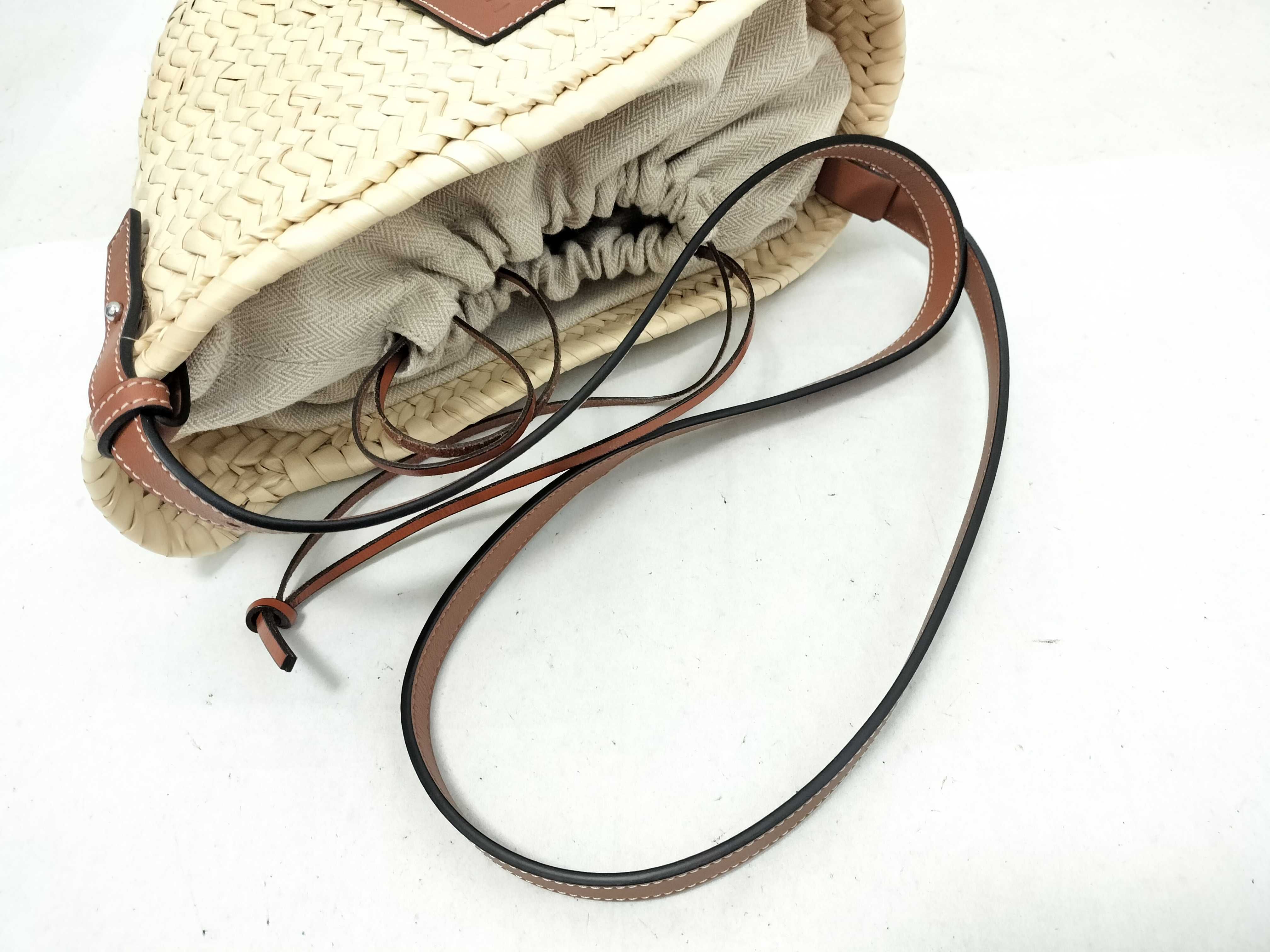 Drawstring Bucket Bag, Raffia x Canvas x Leather, Basket Bag, Beige x Brown, Shoulder Bag — view 3