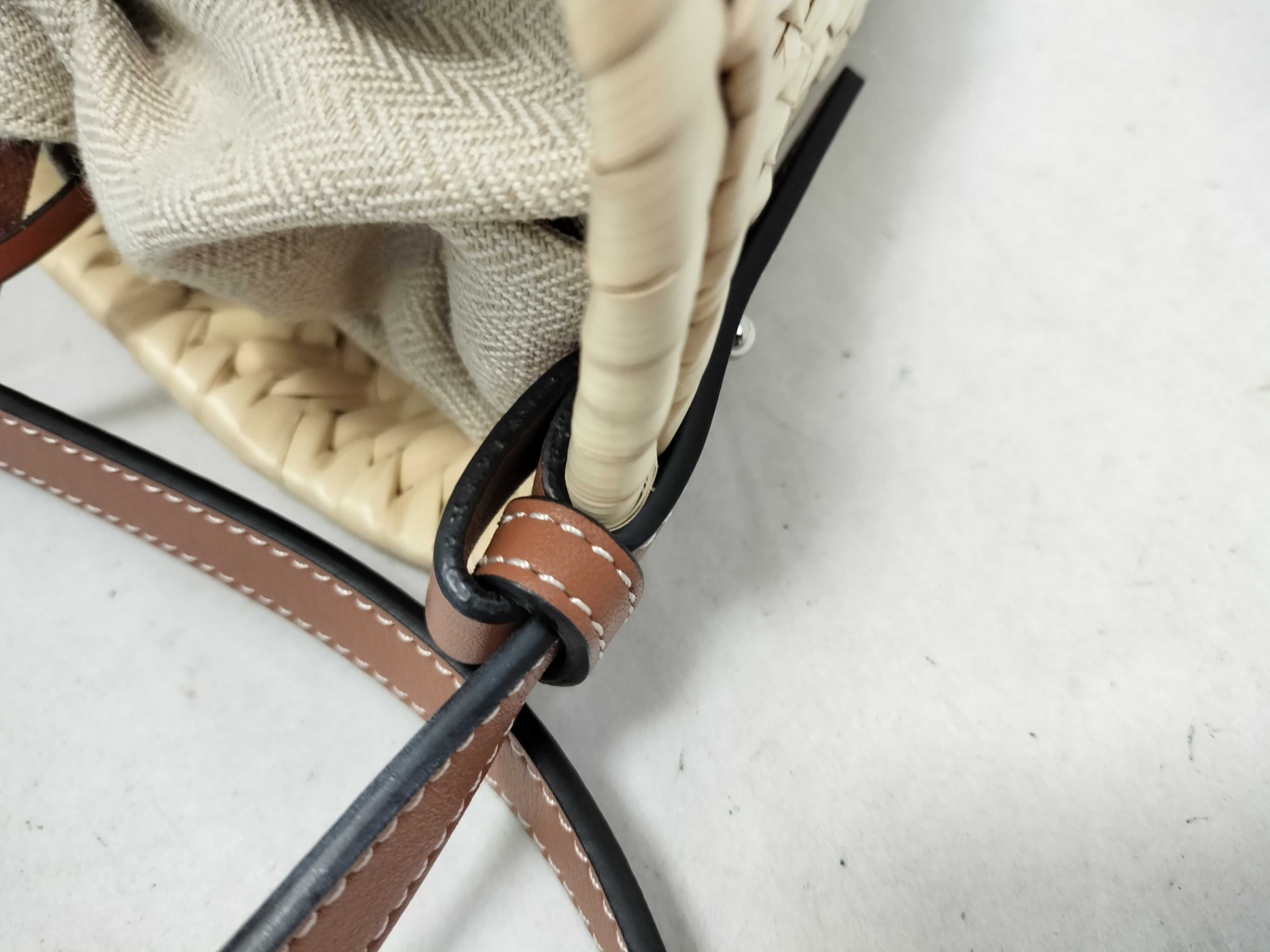 Drawstring Bucket Bag, Raffia x Canvas x Leather, Basket Bag, Beige x Brown, Shoulder Bag — view 5