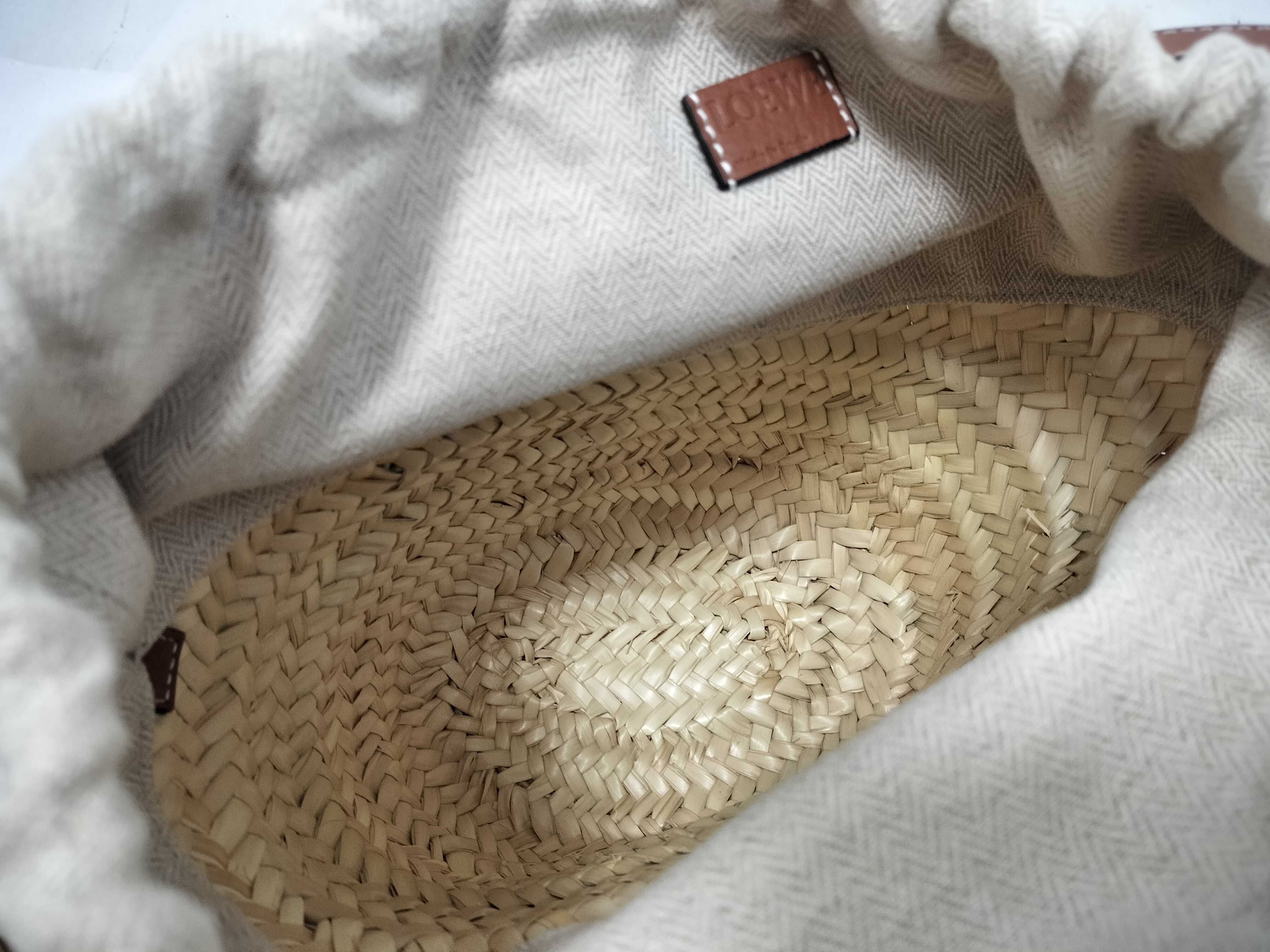 Drawstring Bucket Bag, Raffia x Canvas x Leather, Basket Bag, Beige x Brown, Shoulder Bag — view 9