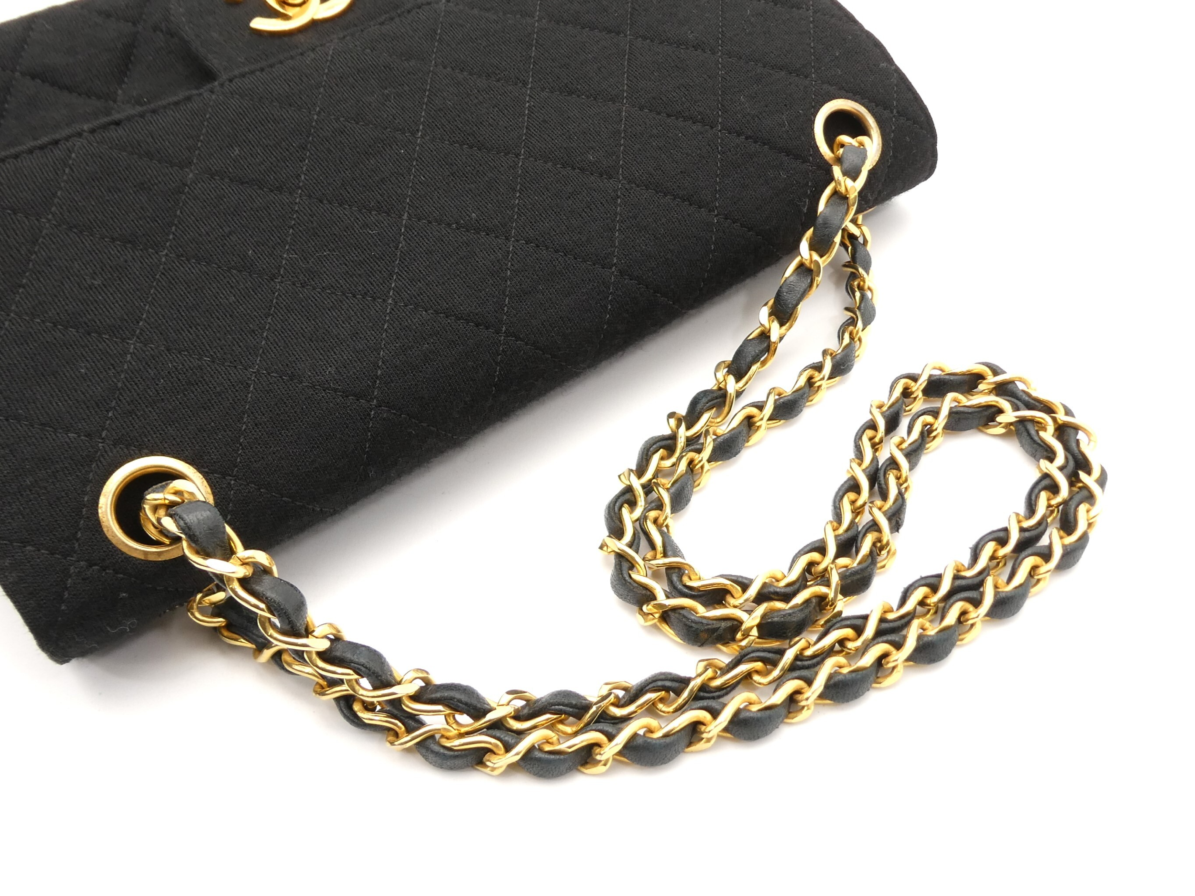 Matelassé Cotton Leather Coco Mark Double Flap Double Chain Shoulder Bag — view 6