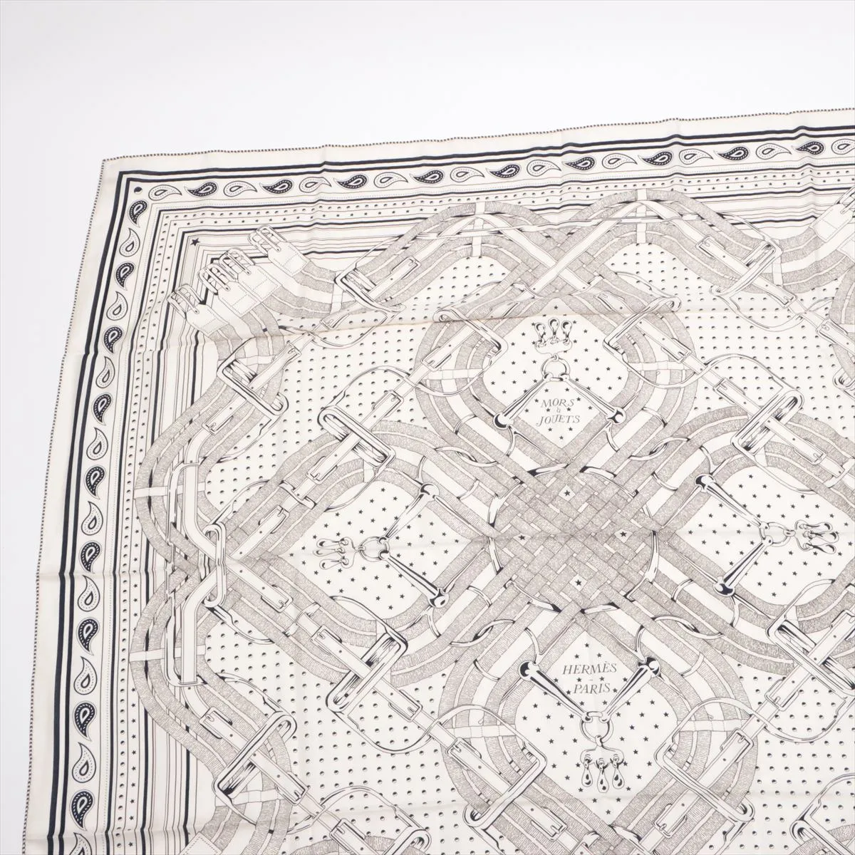 Carre Geant Mors A Jouets Bandana Stole, Cashmere x Silk, Beige, with some wear, — view 2