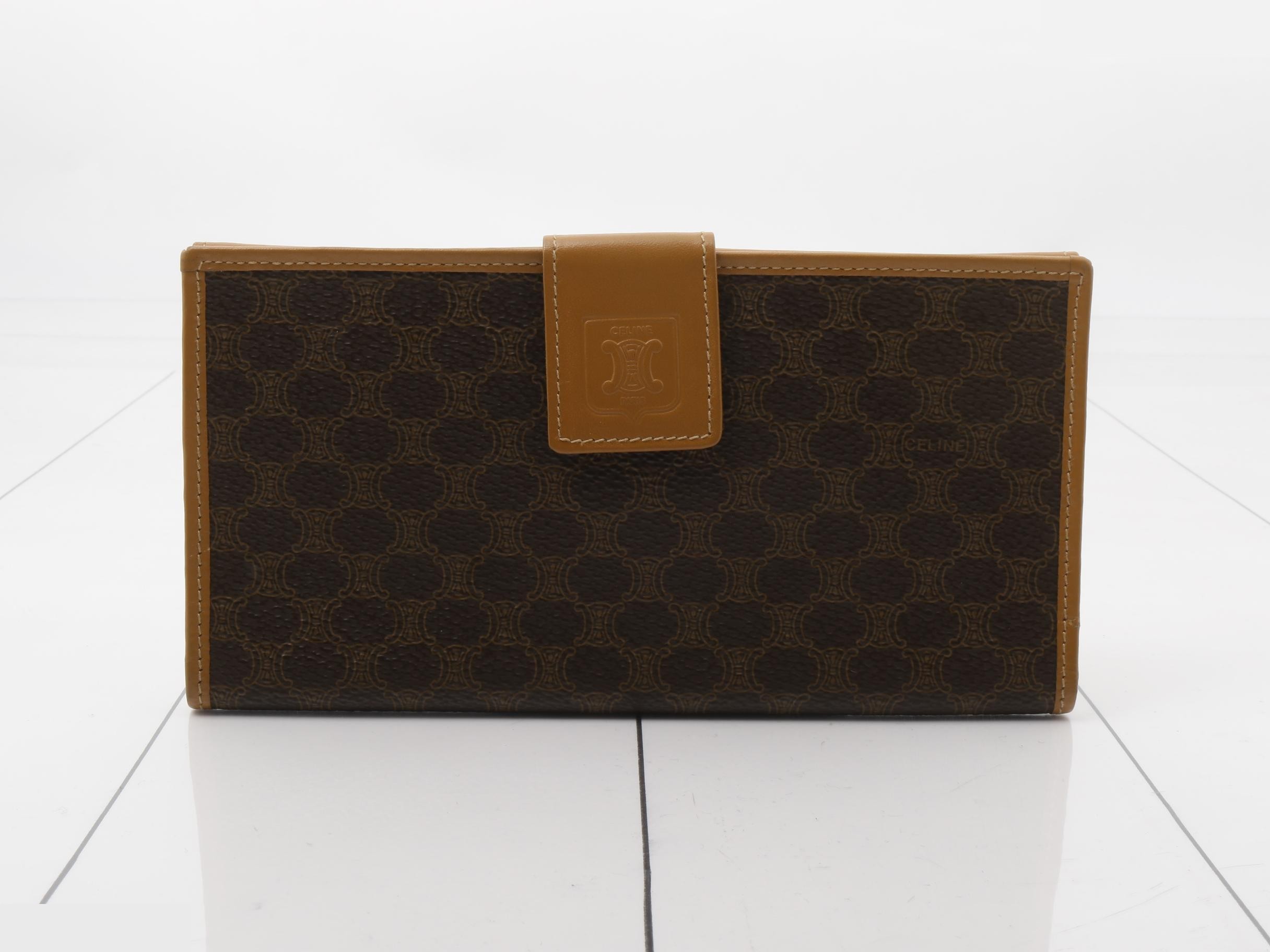 Bi-fold long wallet, Macadam pattern, PVC canvas and leather, brown.