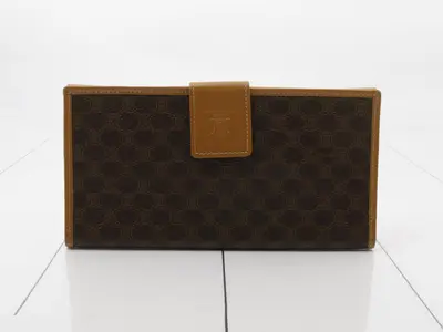 Bi-fold long wallet, Macadam pattern, PVC canvas and leather, brown.