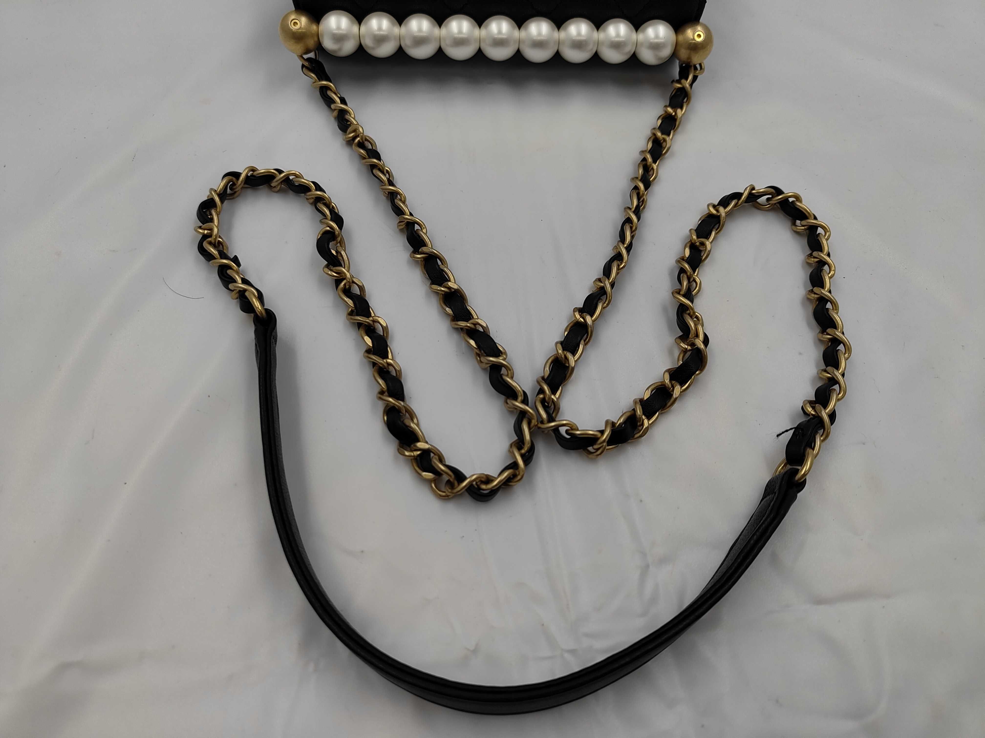 Matelassé Chain Shoulder Bag with Pearls and Lambskin, Black — view 3