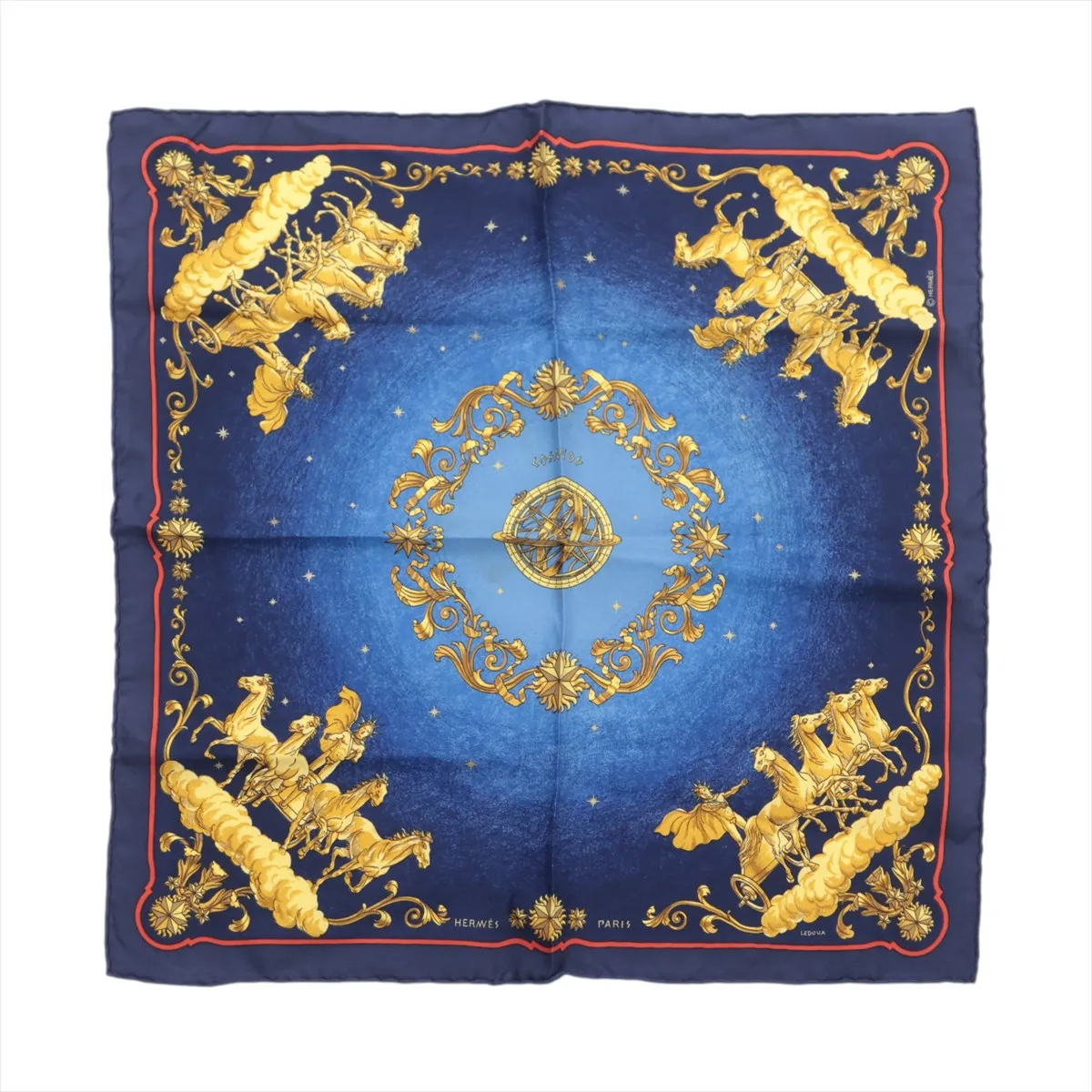 Carre 45 COSMOS scarf, silk, blue x navy. Shows wear,