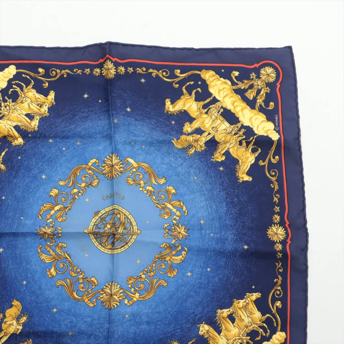 Carre 45 COSMOS scarf, silk, blue x navy. Shows wear, — view 3