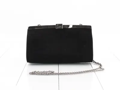 Chain shoulder bag, clasp closure, suede, black