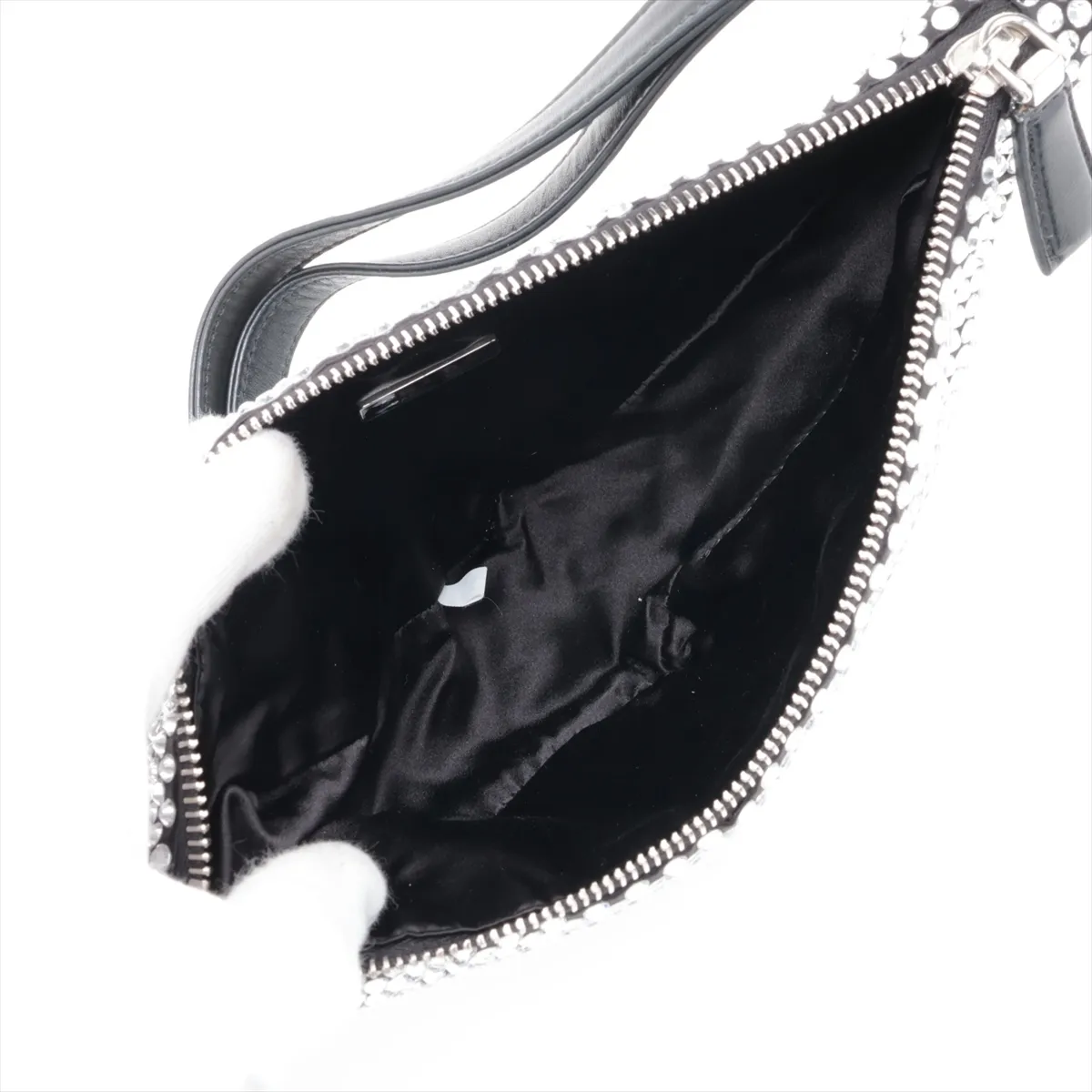 Crystal Satin x Rhinestone Shoulder Bag, Black — view 7
