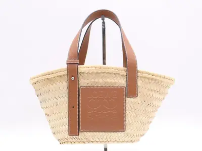 Palm leaf/leather basket bag, beige/brown