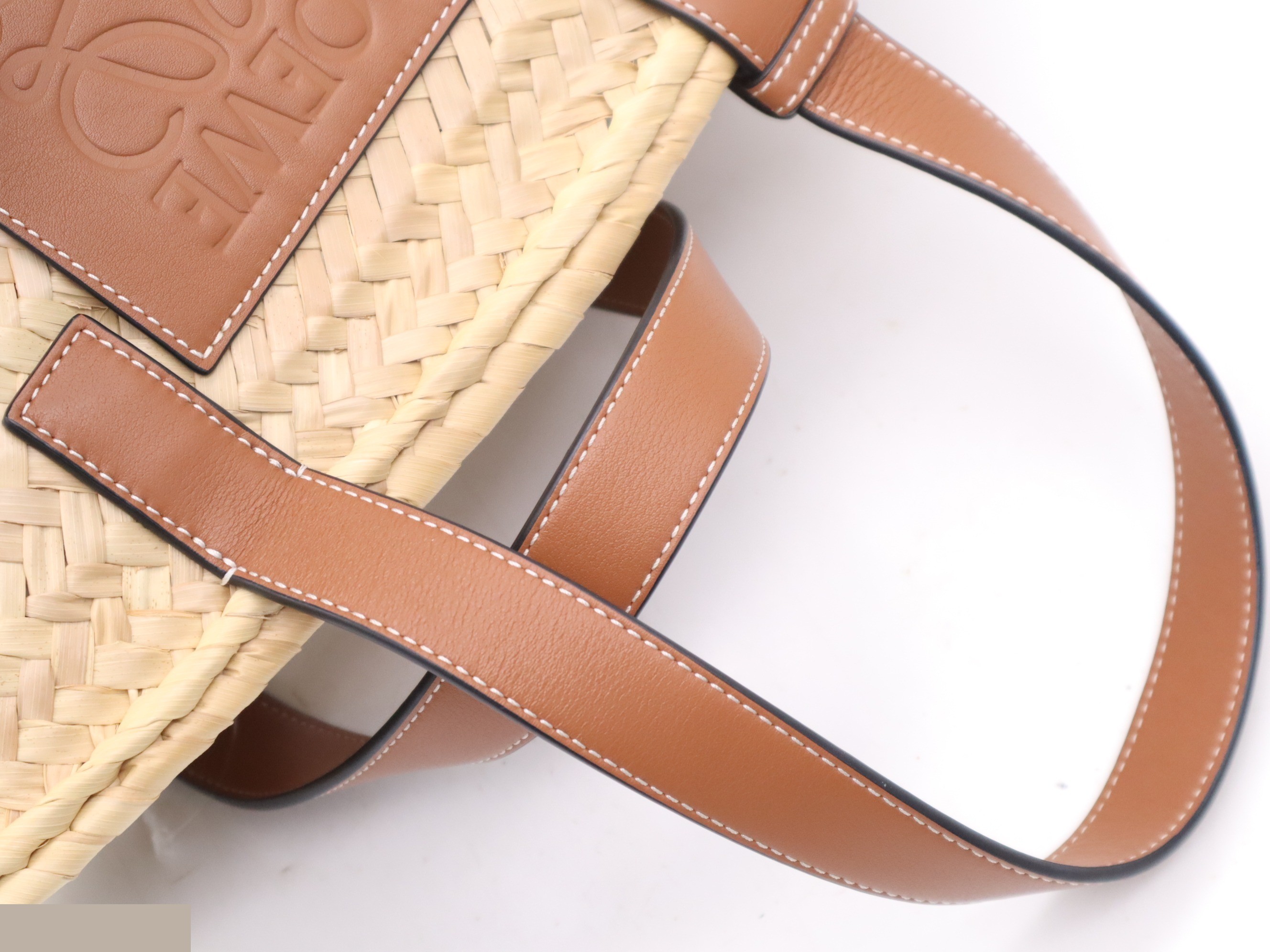 Palm leaf/leather basket bag, beige/brown — view 6