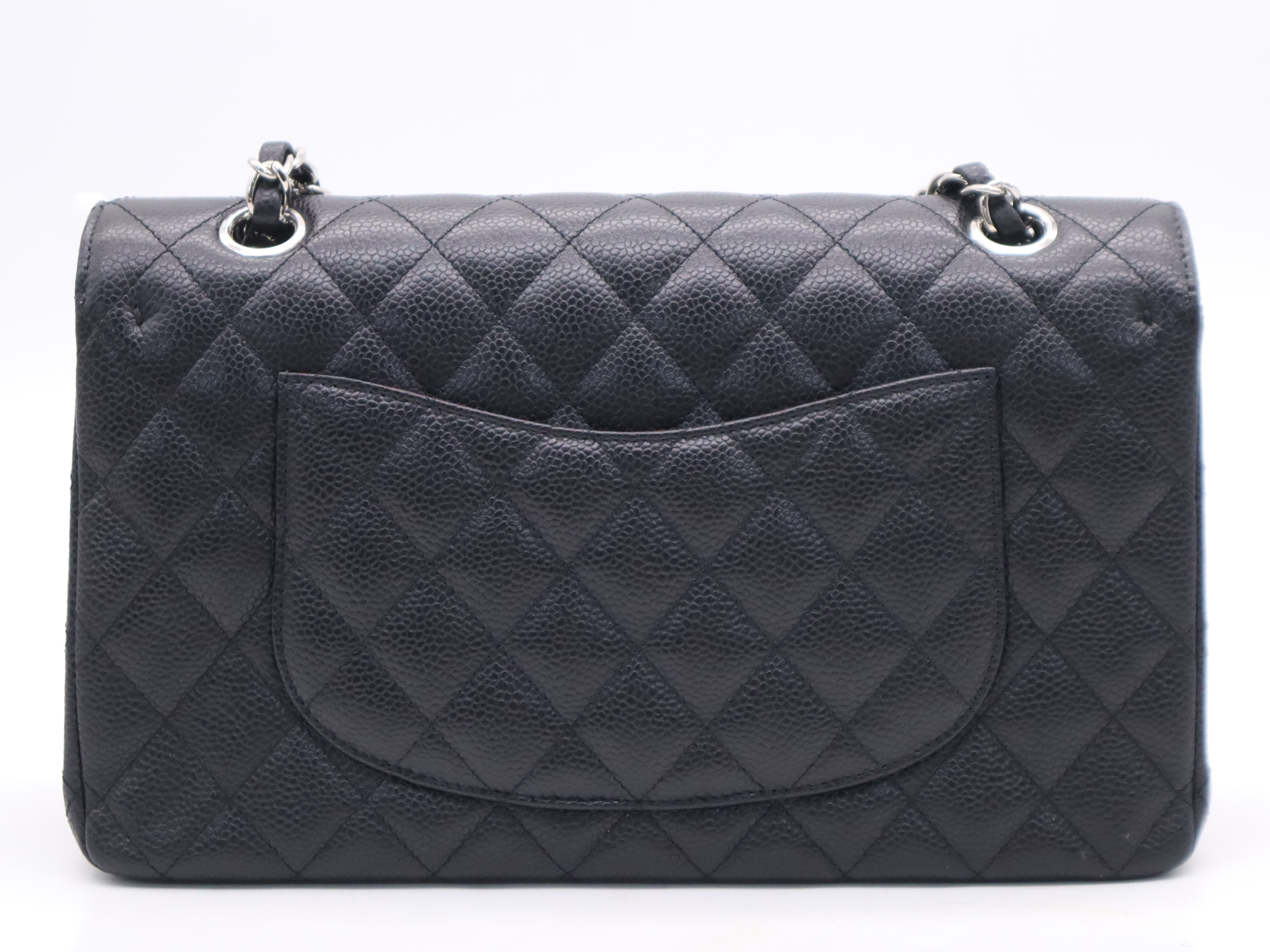 Caviar Skin Matelassé 25 Double Flap Double Chain Handbag with Dust Bag, Silver Hardware, Black — view 2