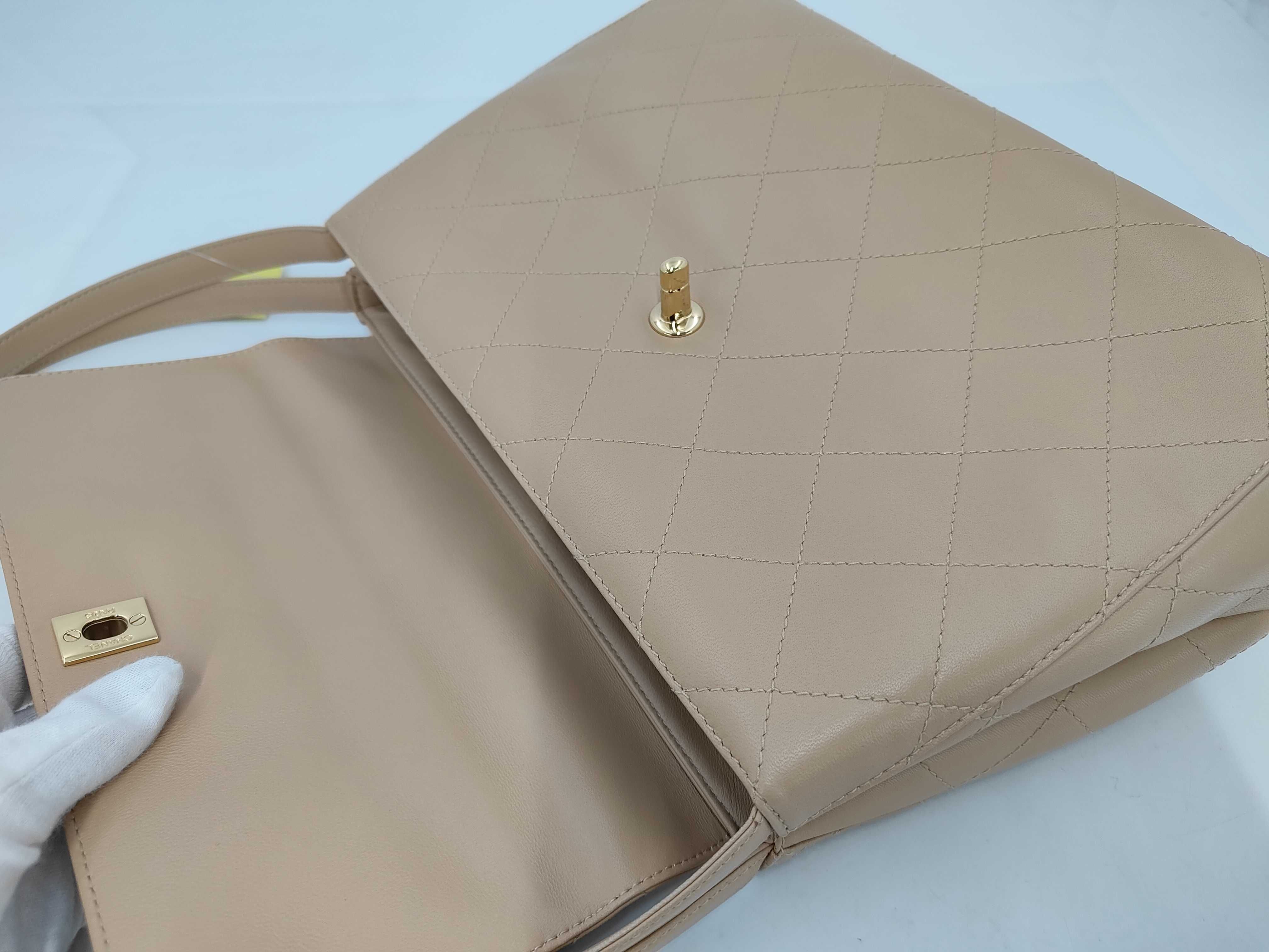 Lambskin Straight Flap One-Shoulder Bag, Beige Lambskin Shoulder Bag — view 8