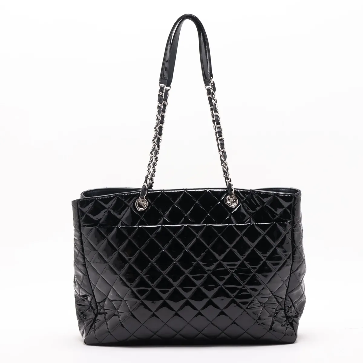 Matelassé Patent Leather Chain Tote Bag, Black, Silver Hardware, Item Number 21957265 (Serial Number 21) — view 2
