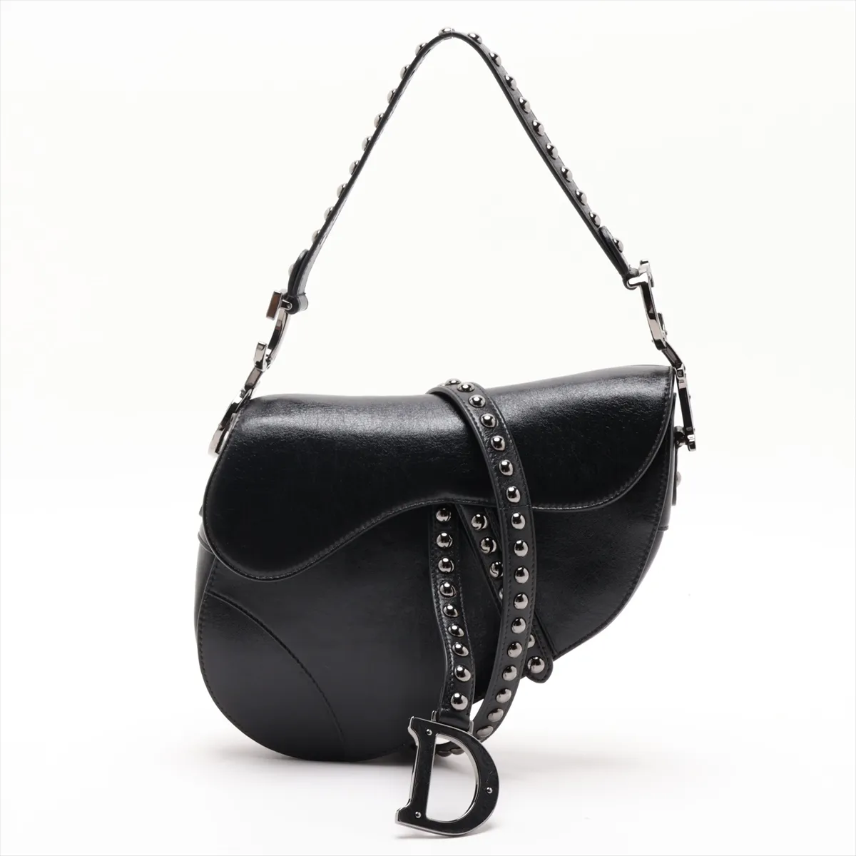 Saddle Leather x Studs 2-Way Handbag, Black