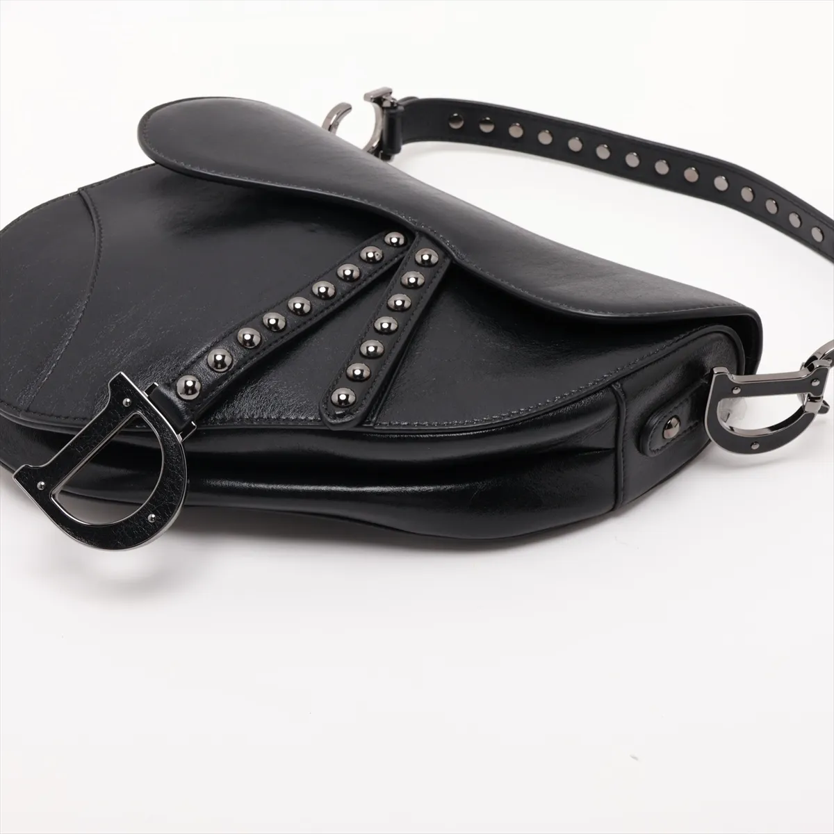 Saddle Leather x Studs 2-Way Handbag, Black — view 3